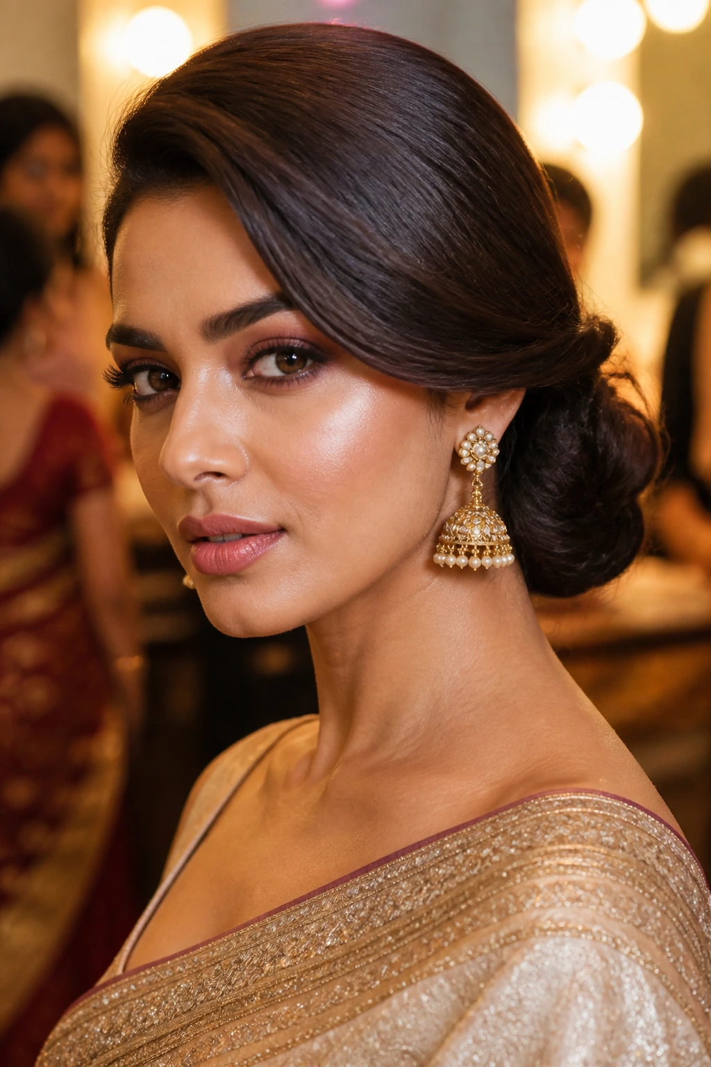 Close-up of side-parted low chignon on a real woman in gala setting