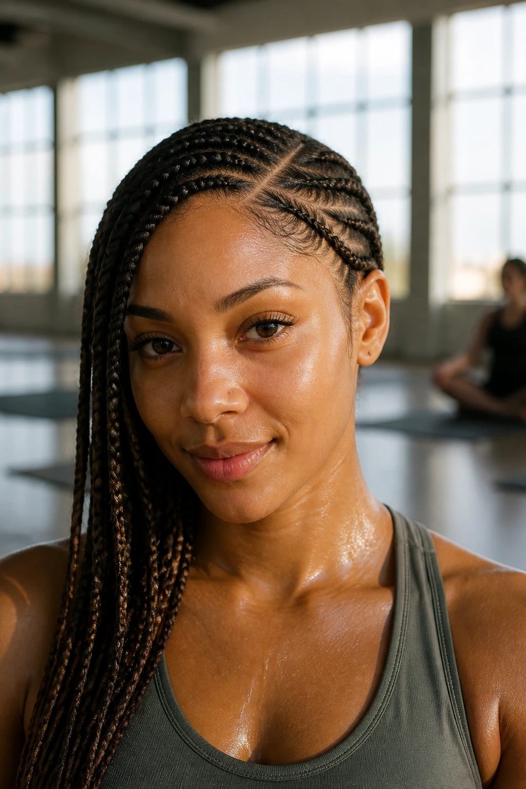 Close-up of Side-Parted Feed-In Braid on a real woman in a hot yoga studio