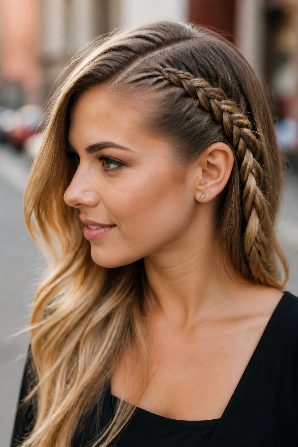 Close-up of a real woman with a deep side-part inverted braid along the temple.