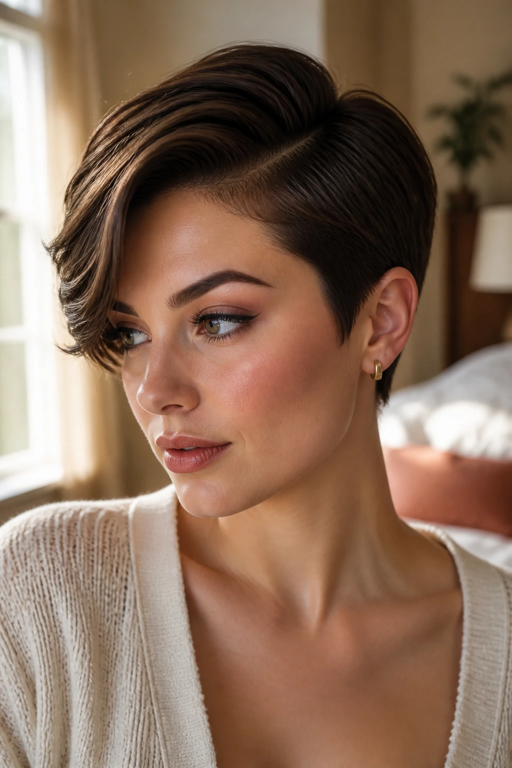 Real woman with deep side part pixie swooping over forehead