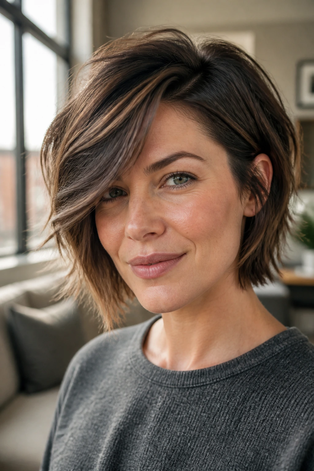 Portrait of a woman with a deep side-parted shag and side-swept layers.