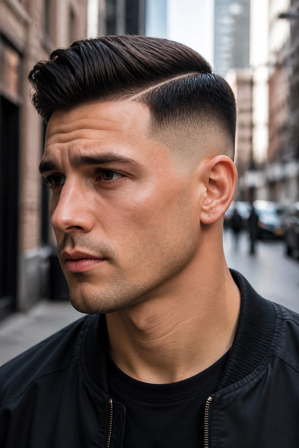 Close-up portrait of a man with a side-parted skin fade hairstyle