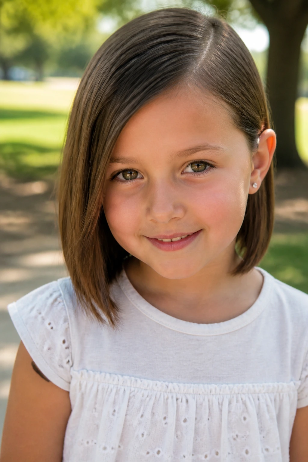 Close-up of a child with a side-parted sleek cut outdoors