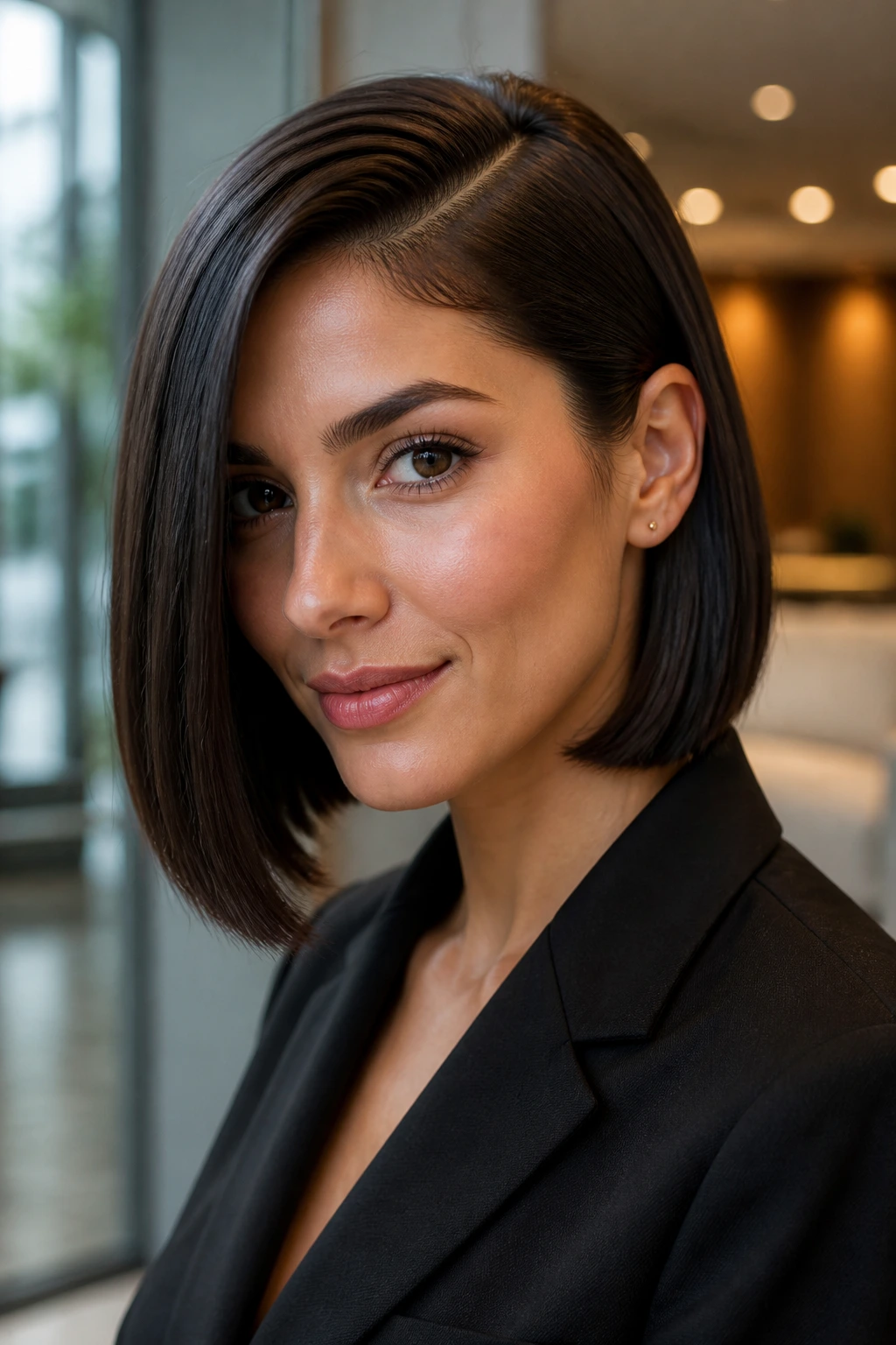 Close-up portrait of a real woman with a side-parted sleek bob in office light