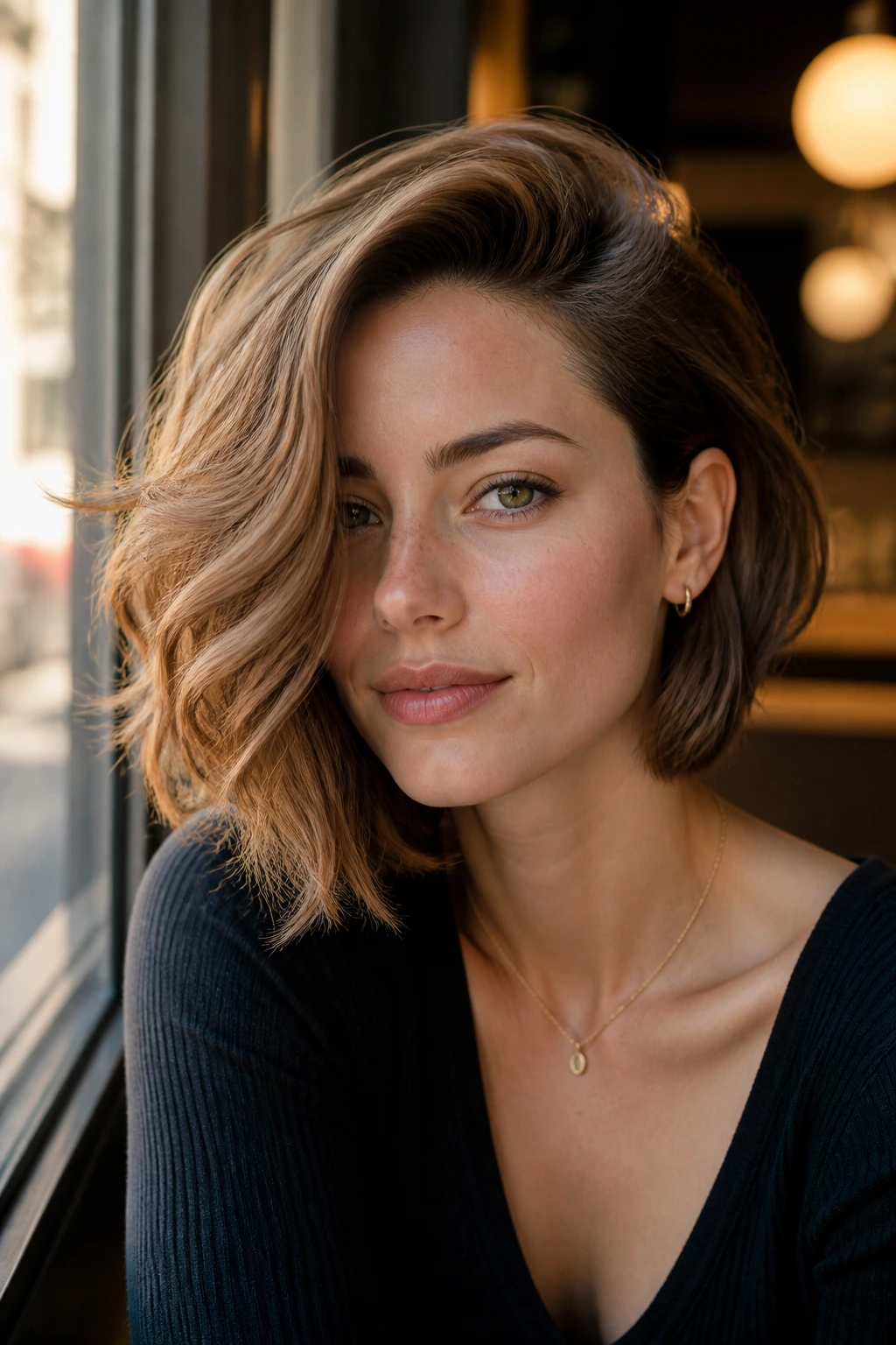 Portrait of a woman with a deep side-parted swept bob