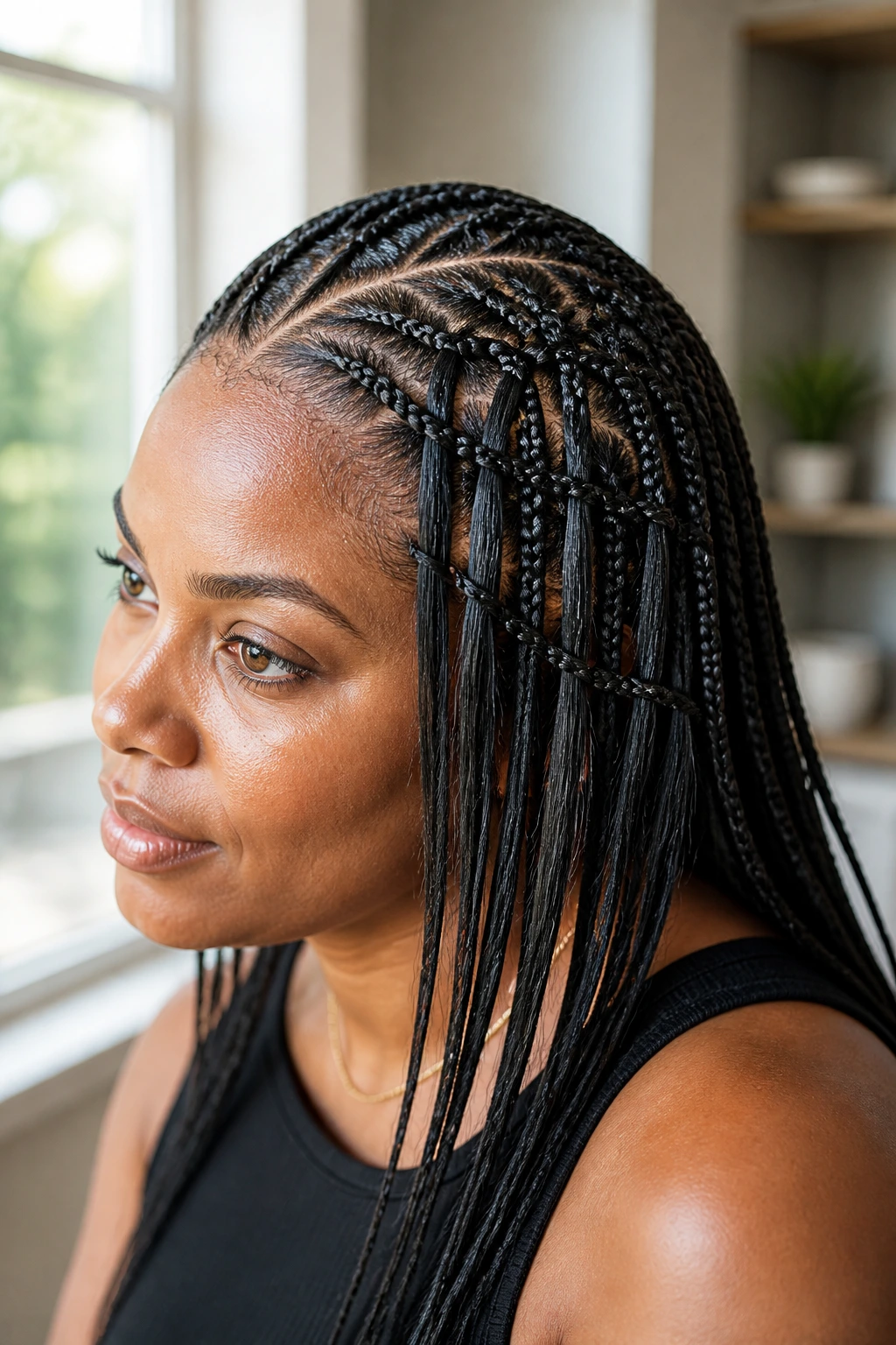 Real woman with side-parted waterfall braids close-up