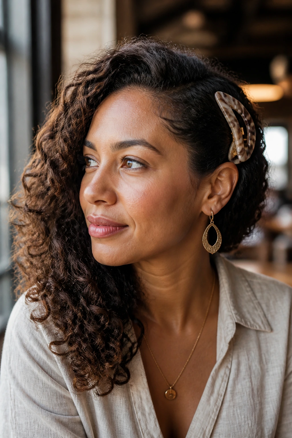 Close-up of a real woman with side-pinned curls behind the ear