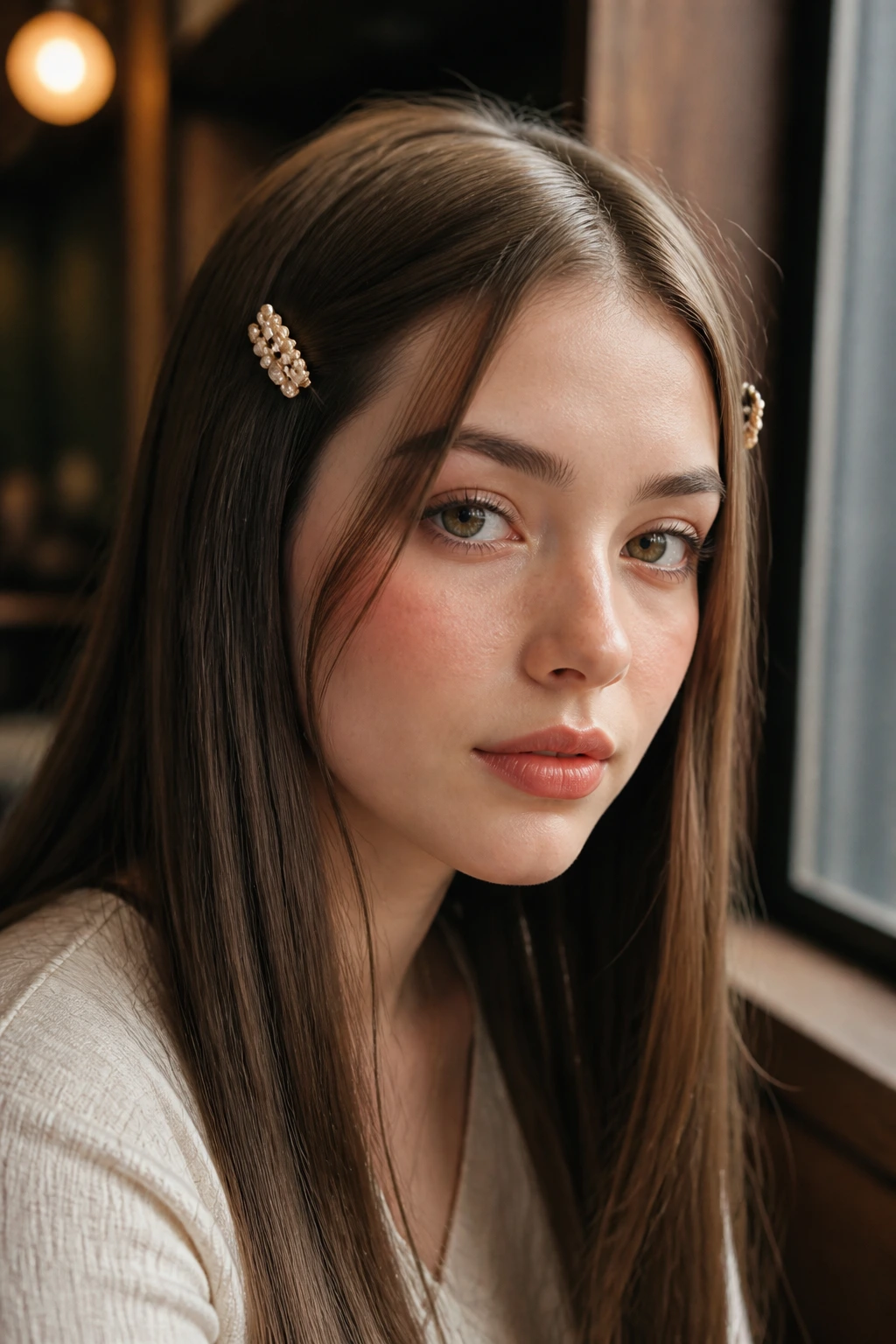 Close-up of a real woman with two front sections pinned back by vintage barrettes