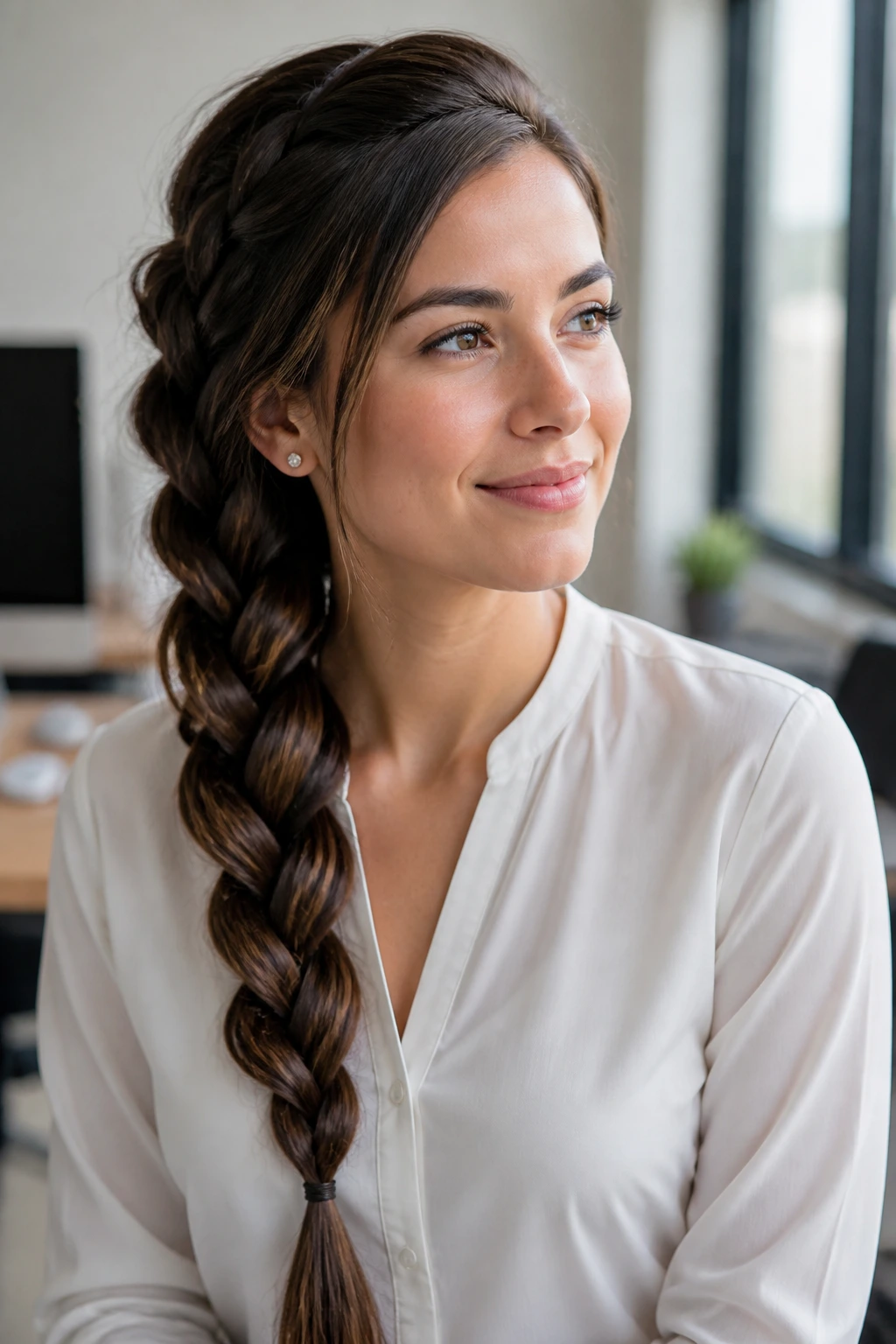 Close-up of a real woman with a thick side plait in a professional office setting