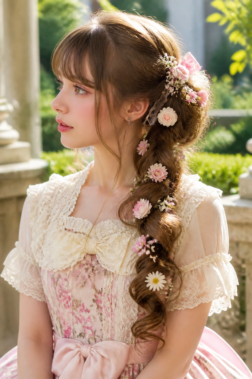 Profile view of woman with side ponytail adorned with small flowers