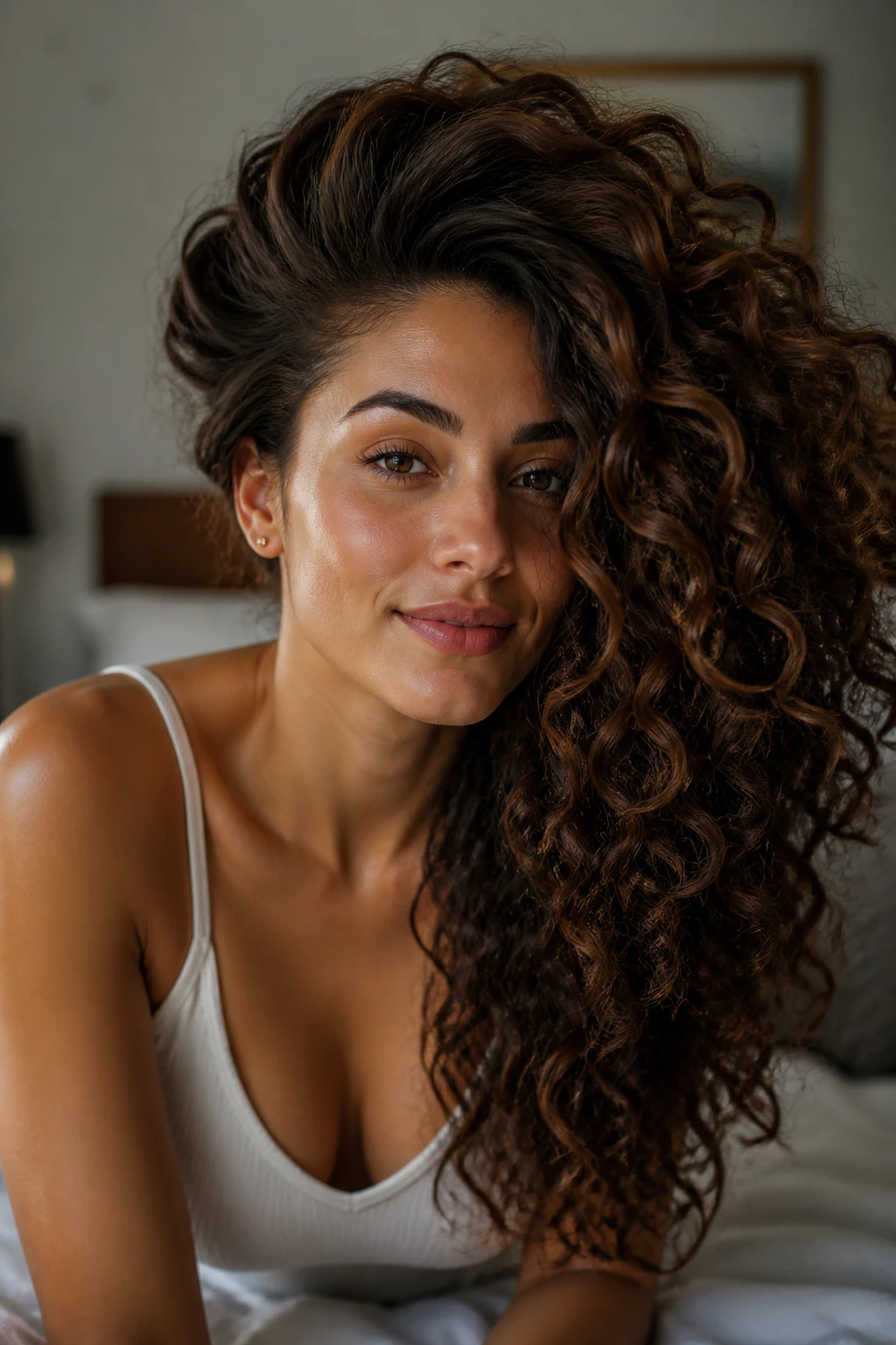 Close-up of a real woman with a dramatic deep-rooted side sweep hairstyle.