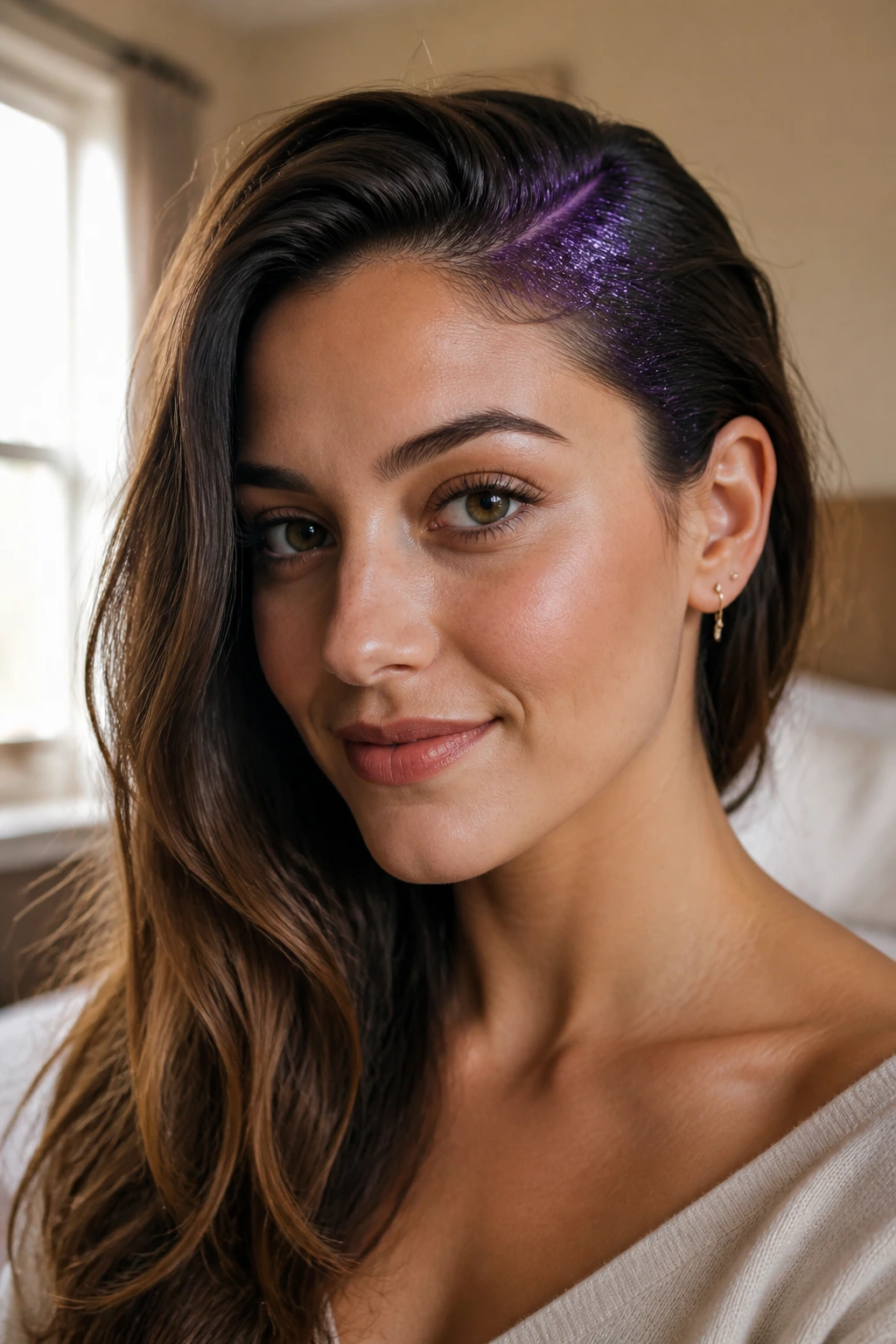 Close-up of a real woman with a deep side part and purple glitter along the side-swept hair.