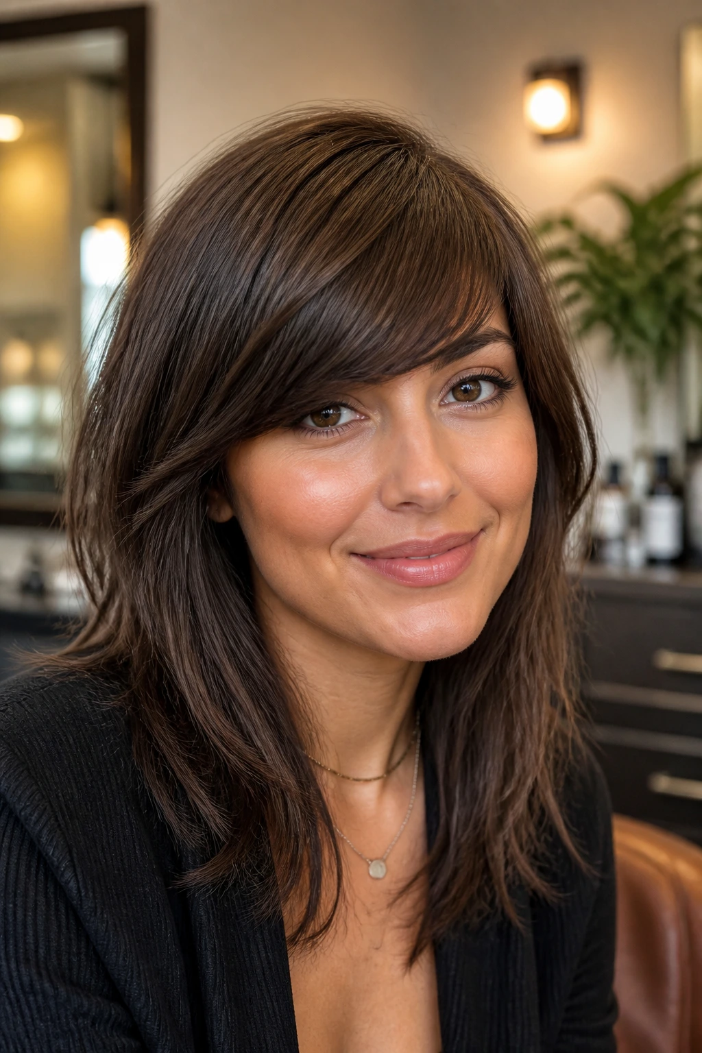 Portrait of a woman with thick side-swept bangs framing her face