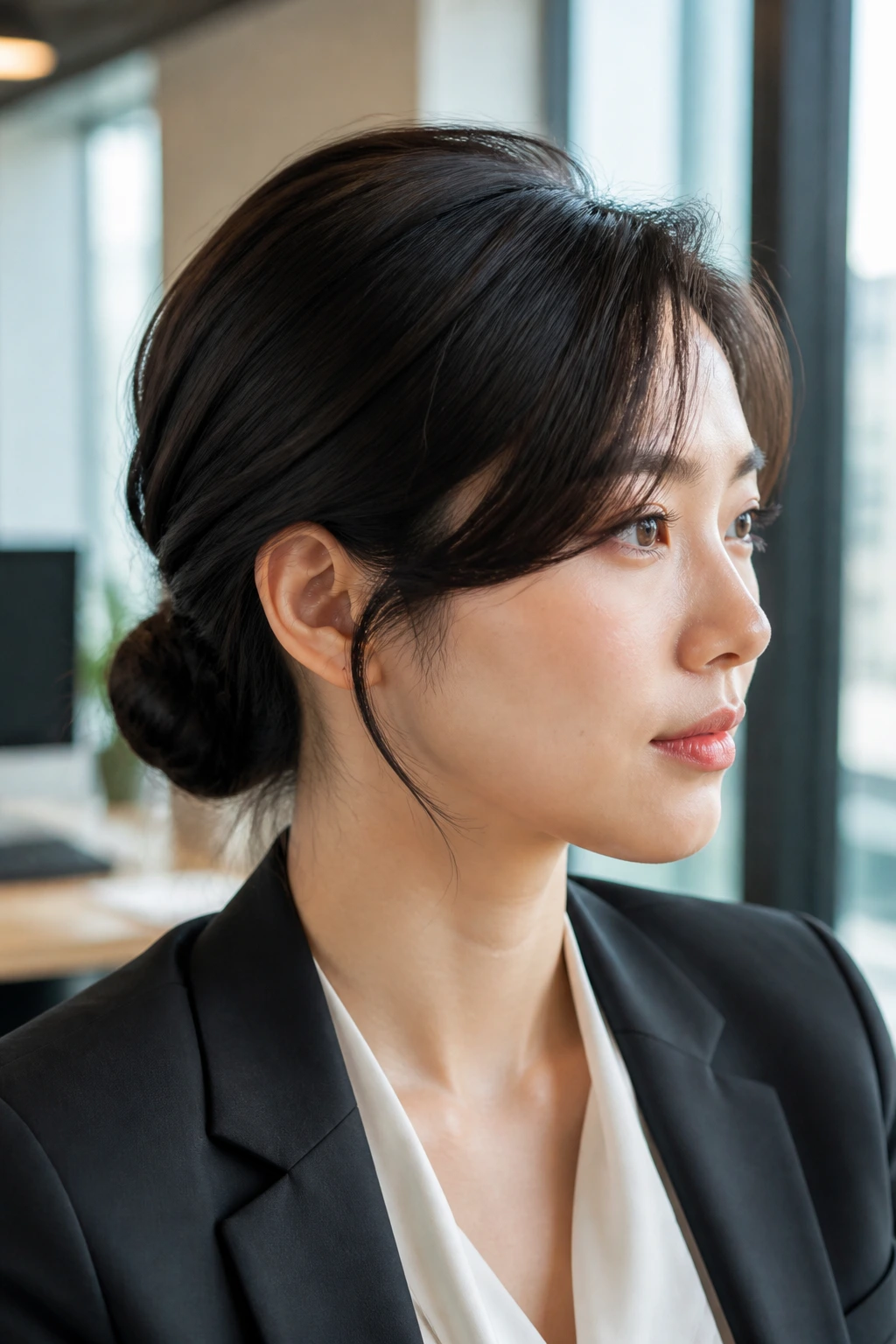 Close-up of a real woman in an office showing side-swept bangs and a low bun