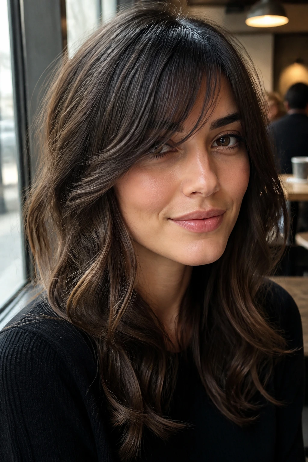 Portrait of a woman with deep side-swept bangs and face-framing waves.