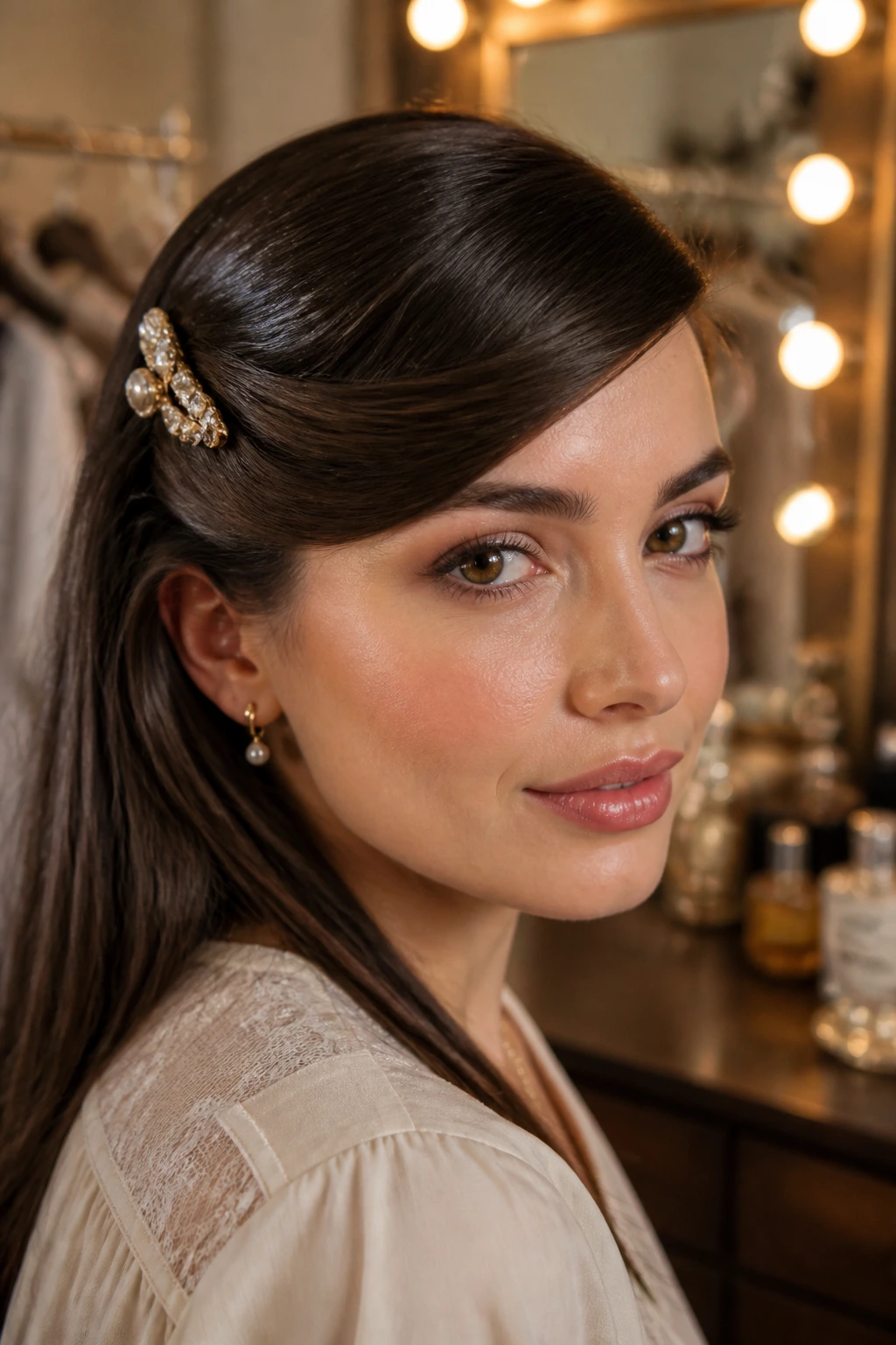 Close-up of a real woman with The Side-Swept Pin-Back hairstyle and jeweled barrette