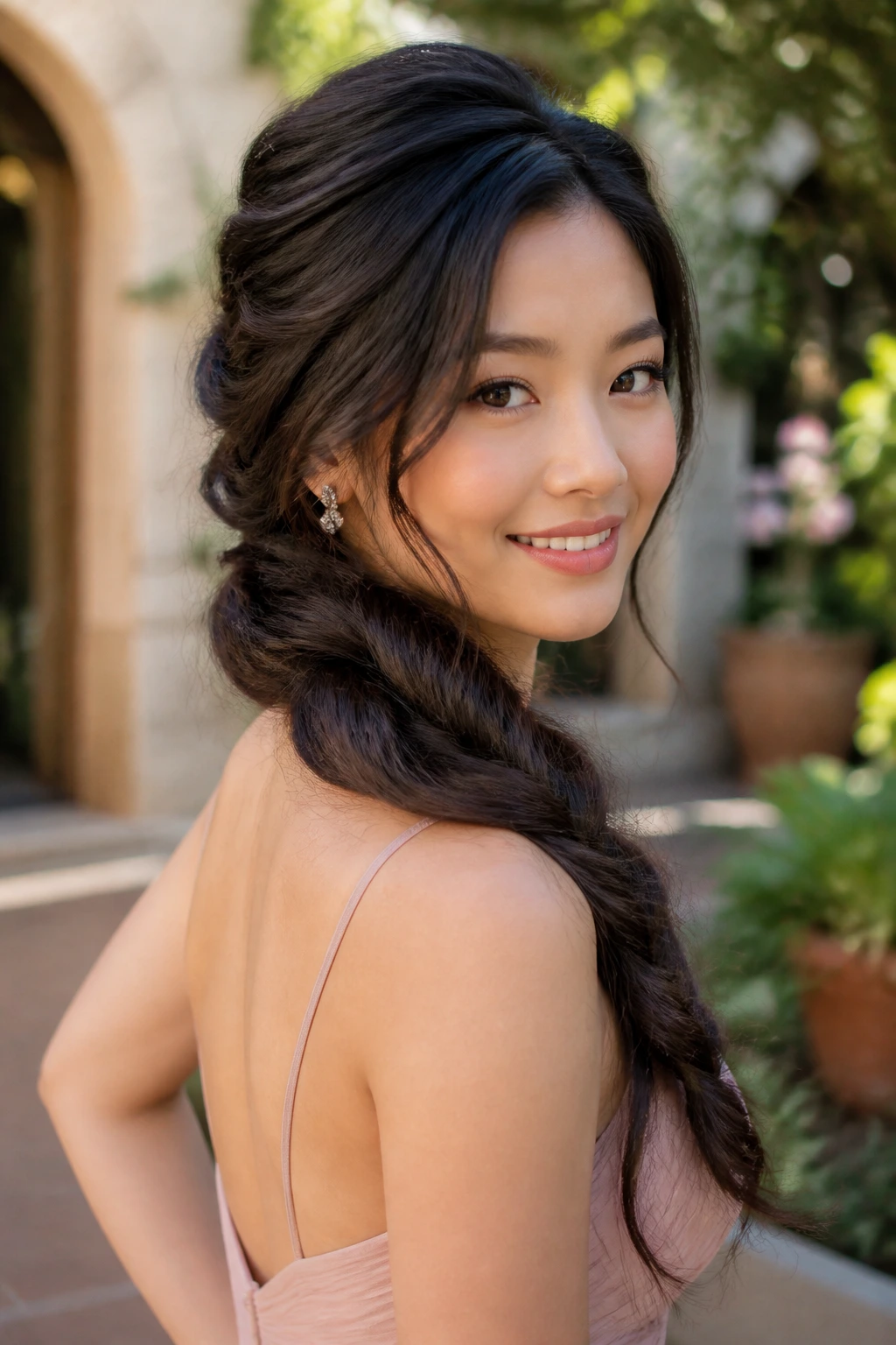 Close-up of a woman with a loose side-swept braid over the shoulder
