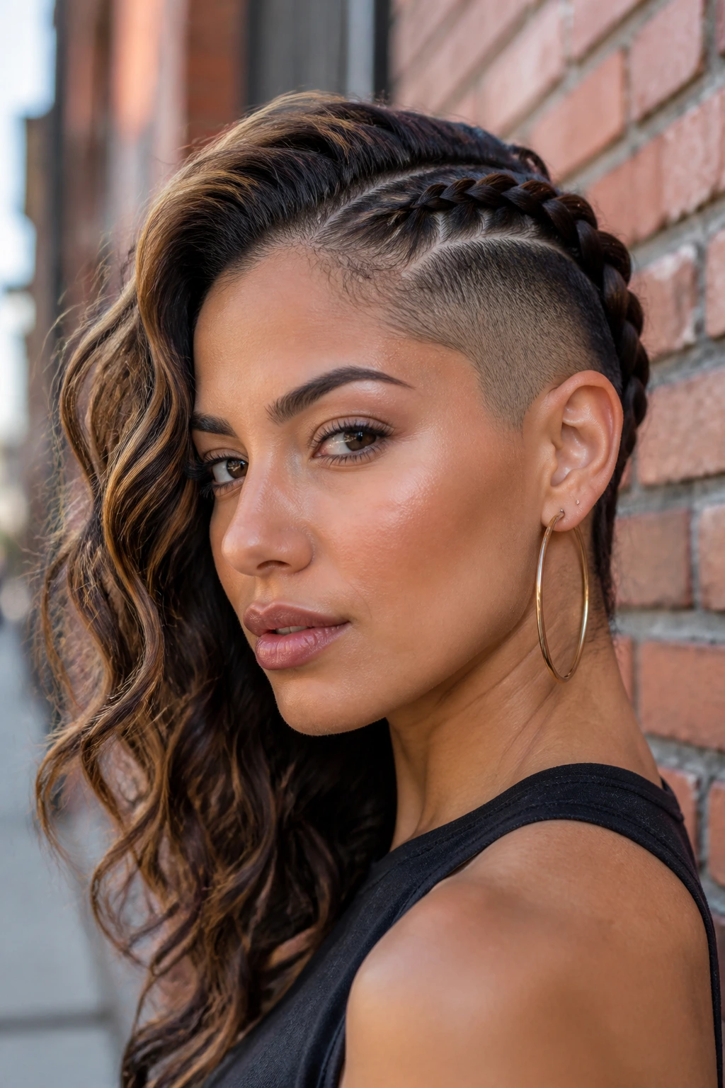 Close-up of real Latina woman with side-swept braided undercut in urban setting