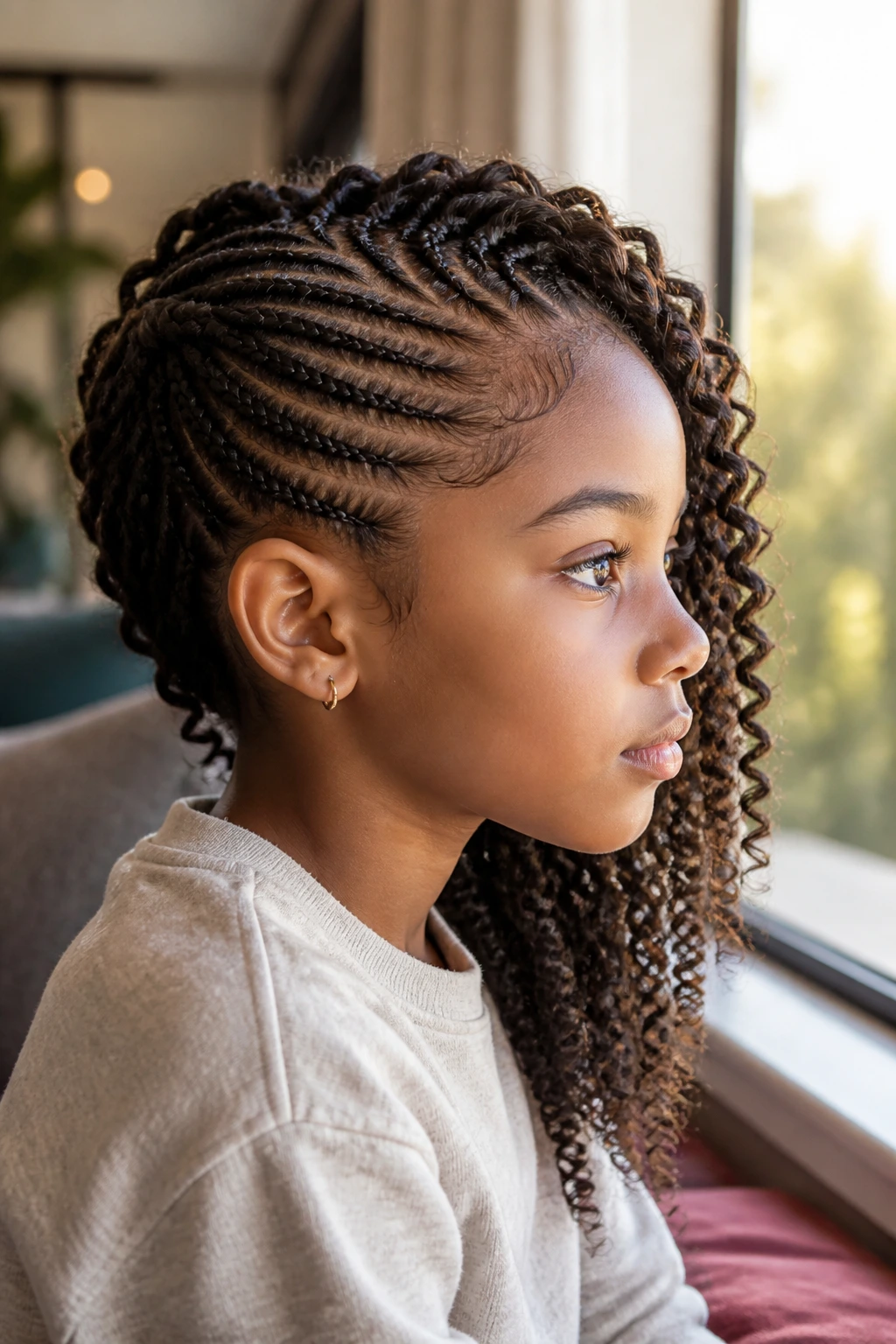 Close-up of a real child with side-swept braids along one side