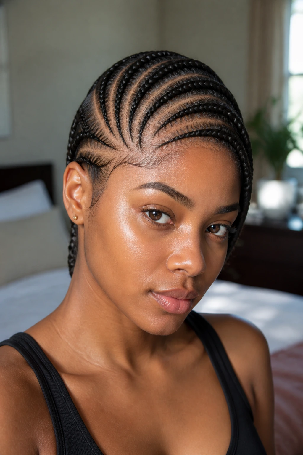 Close-up of a real woman with side-swept four cornrows forming a deep side part