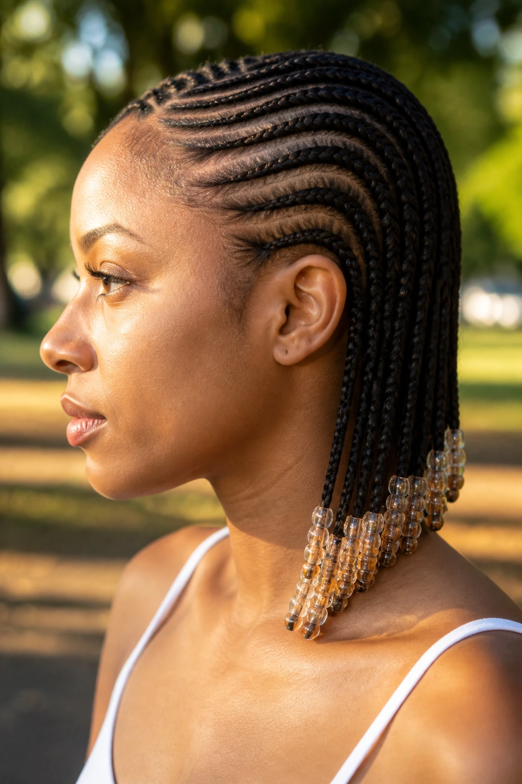 Close-up profile of a real woman with side-swept cornrows and beads.