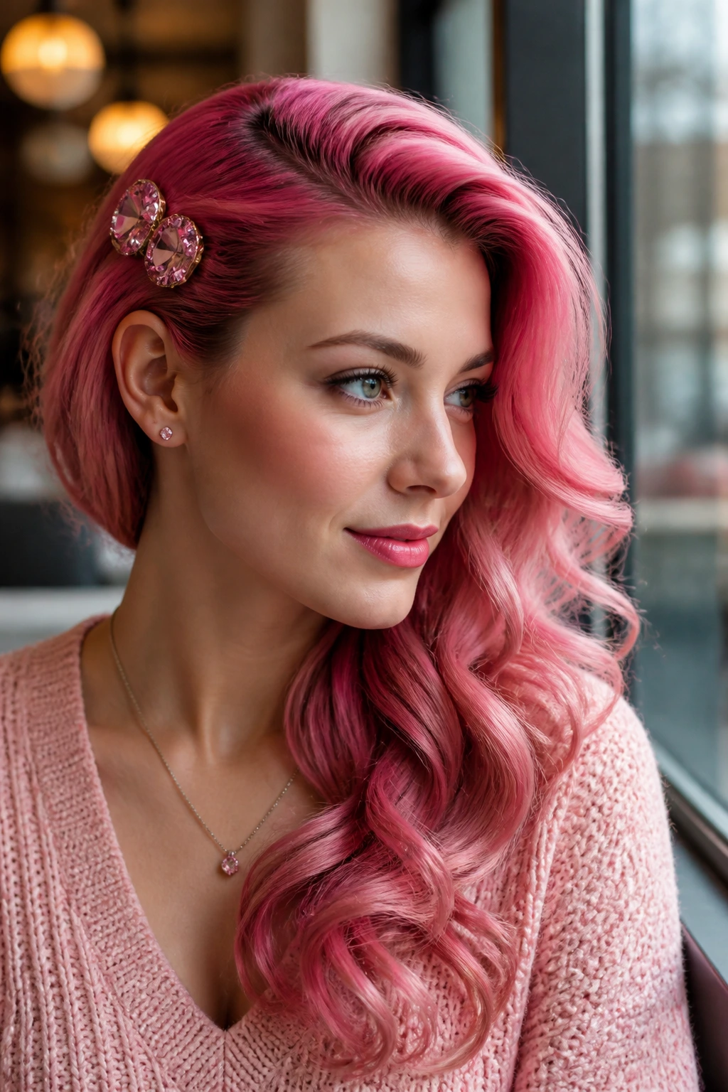 Real person with pink side-swept curls and a large barrette close-up portrait