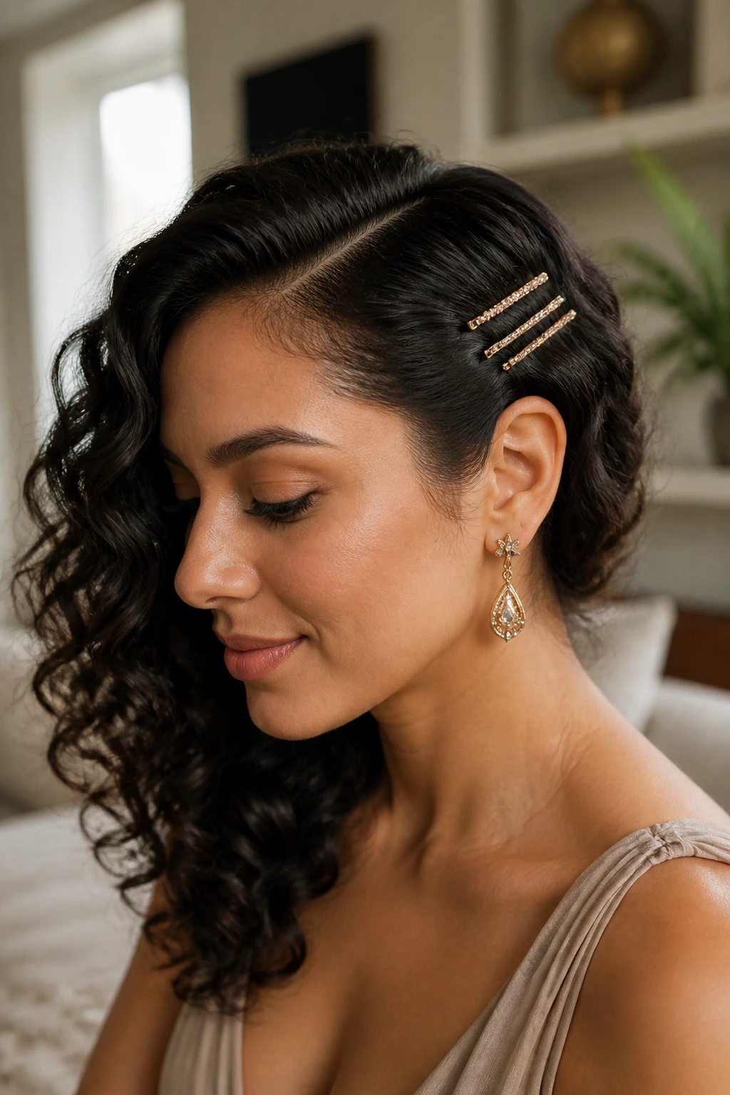 Close-up of a real woman with side-swept curls and pins.