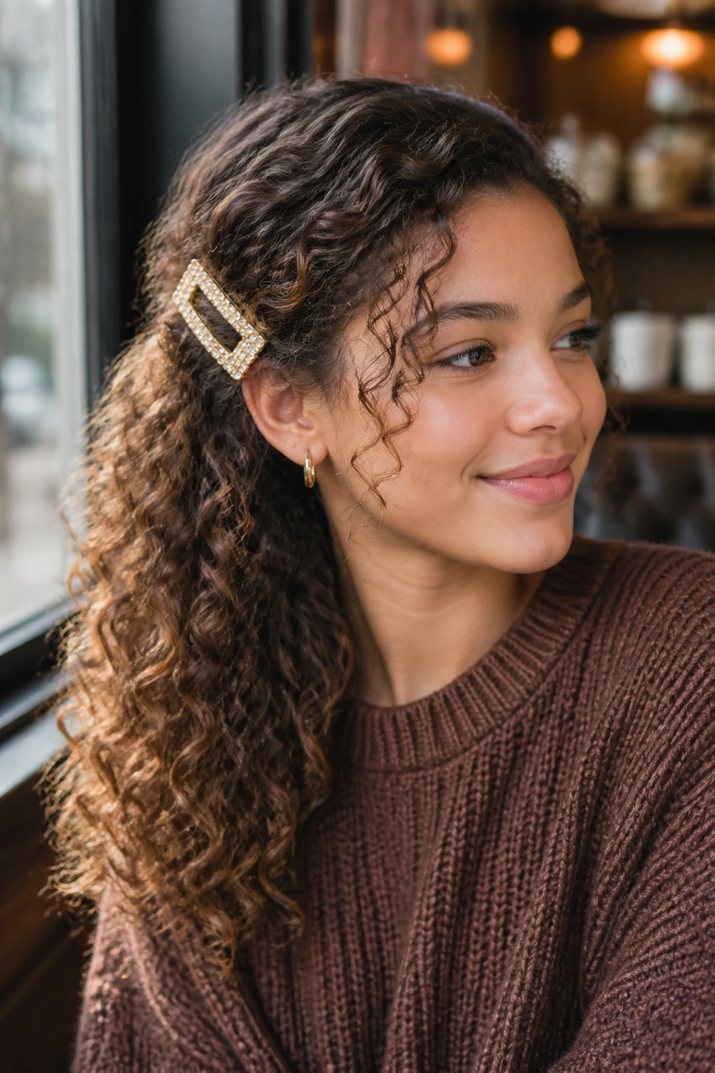 Close-up of a real student with side-swept curls and a clip.
