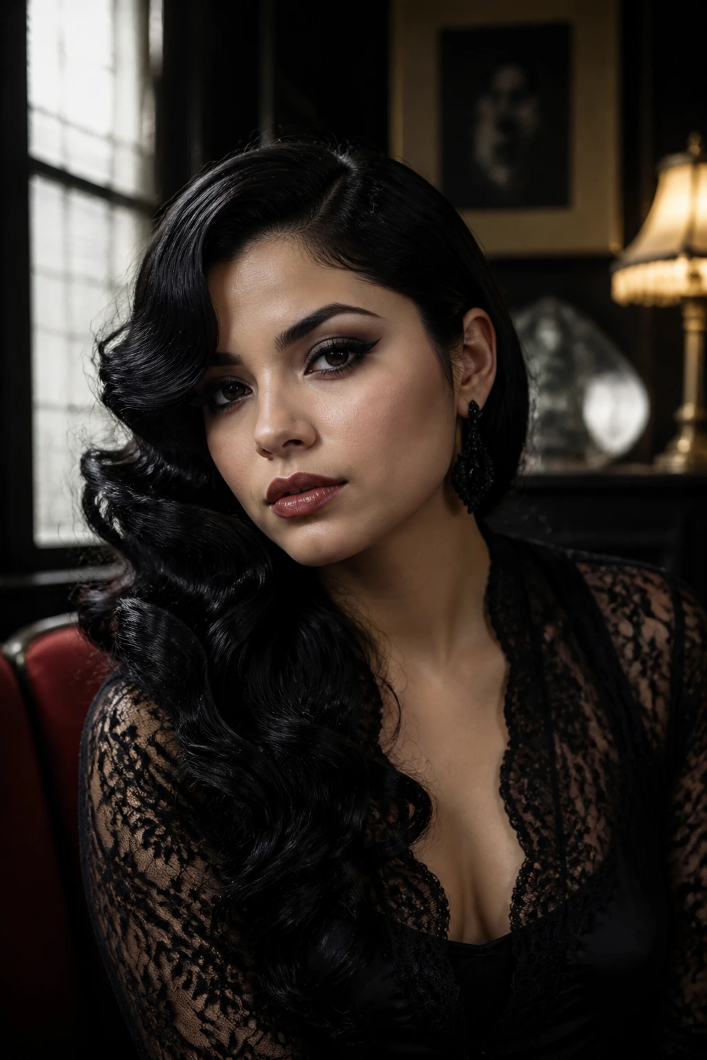 Latina woman with deep-part side-swept curls in noir 1940s setting