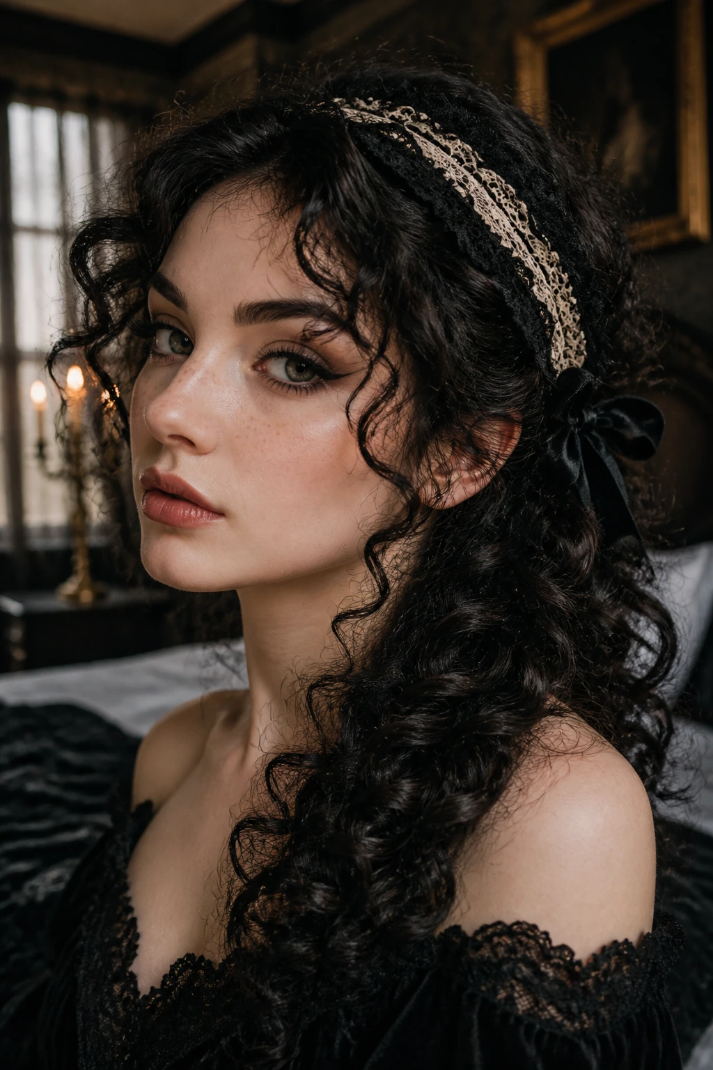 Close-up of a real woman with side-swept curls and lace headband in a cozy gothic room