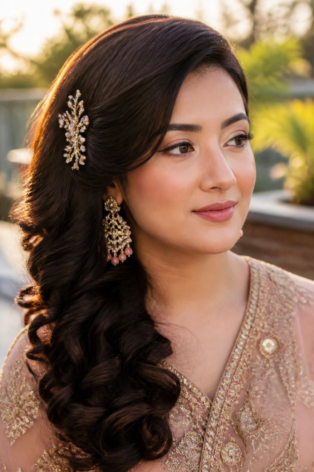 Close-up of side-swept curls pinned with a clip on a real woman's head