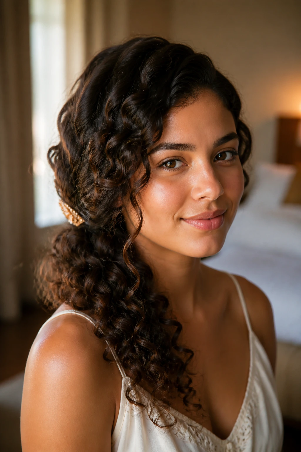 Close-up portrait of a real woman with side-swept curls pinned at the nape