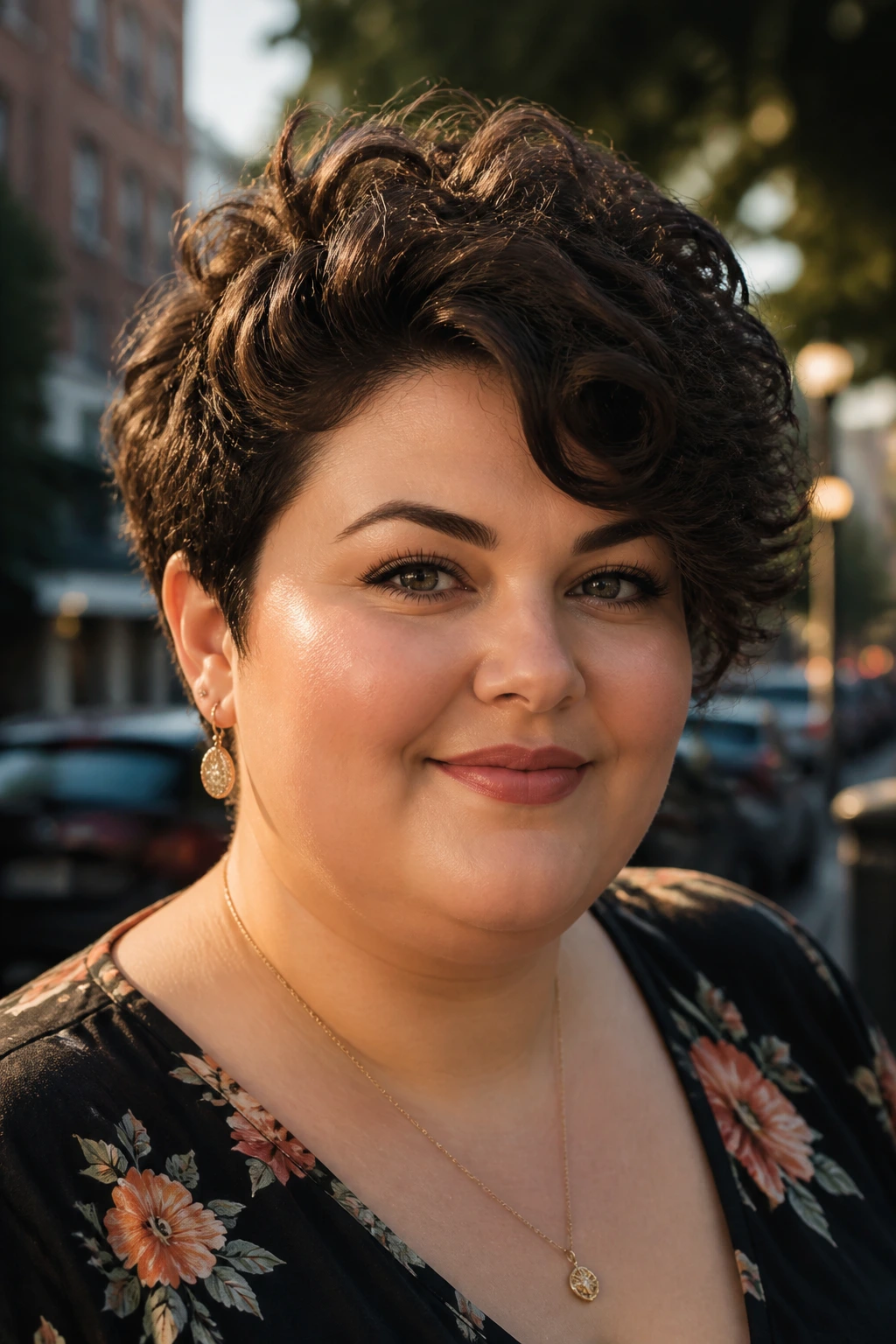 Close-up of a real woman with a side-swept curly pixie in city light
