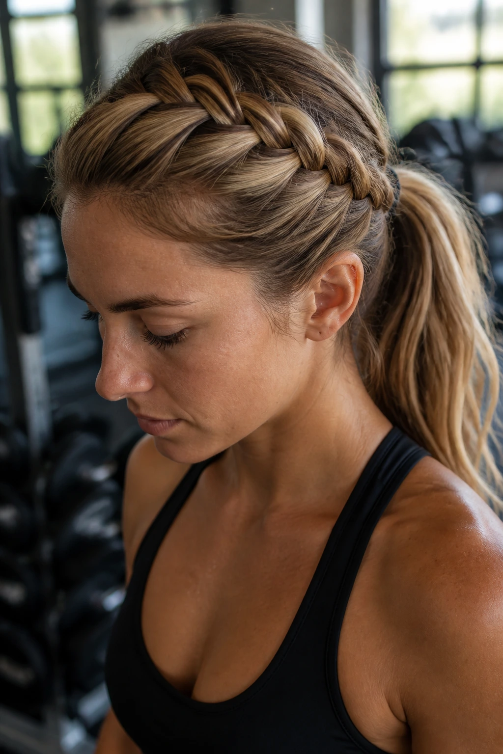 Close-up of woman with side-swept Dutch braid starting at temple into ponytail in gym