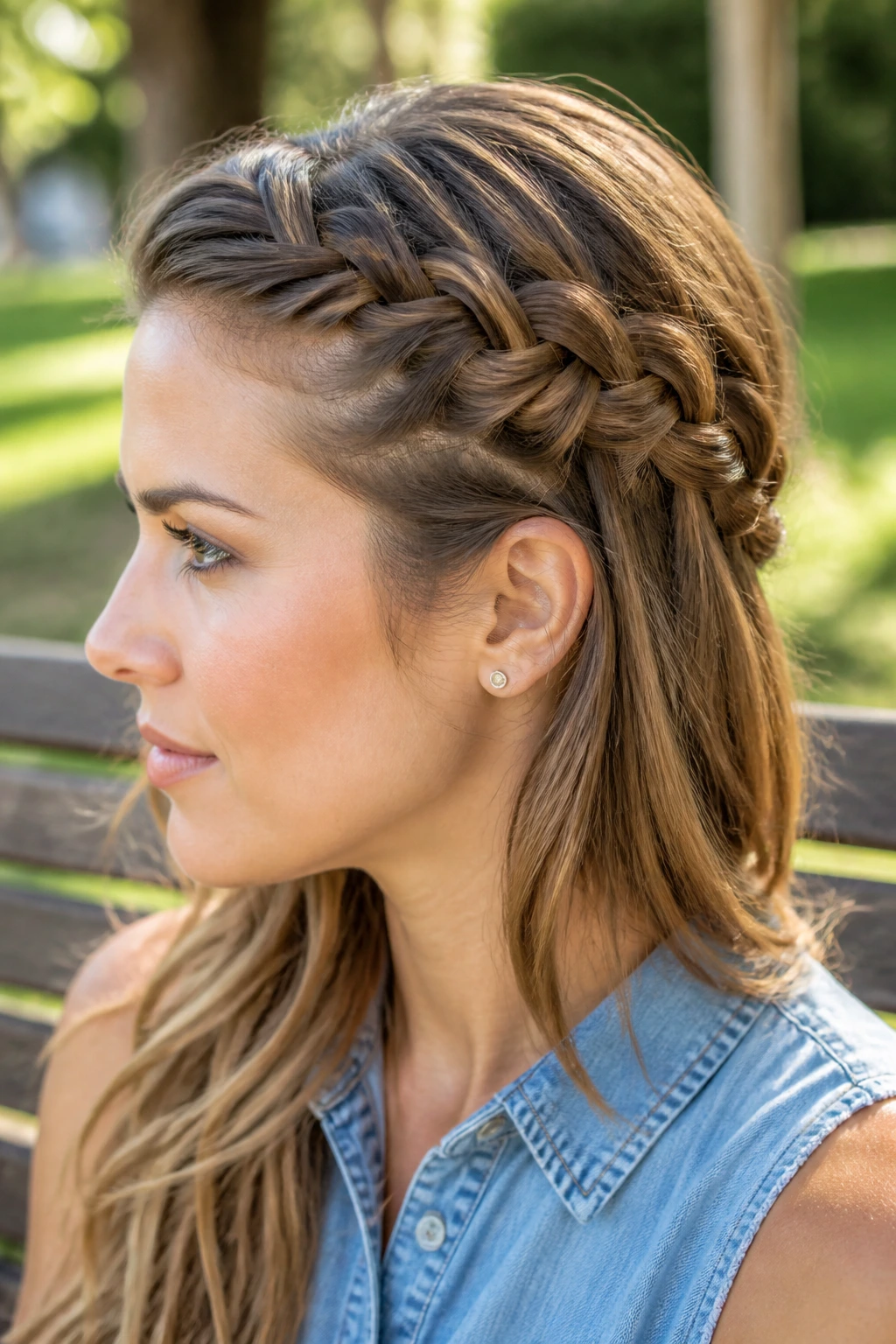 Close-up of a real woman wearing a side-swept Dutch braid along the temple