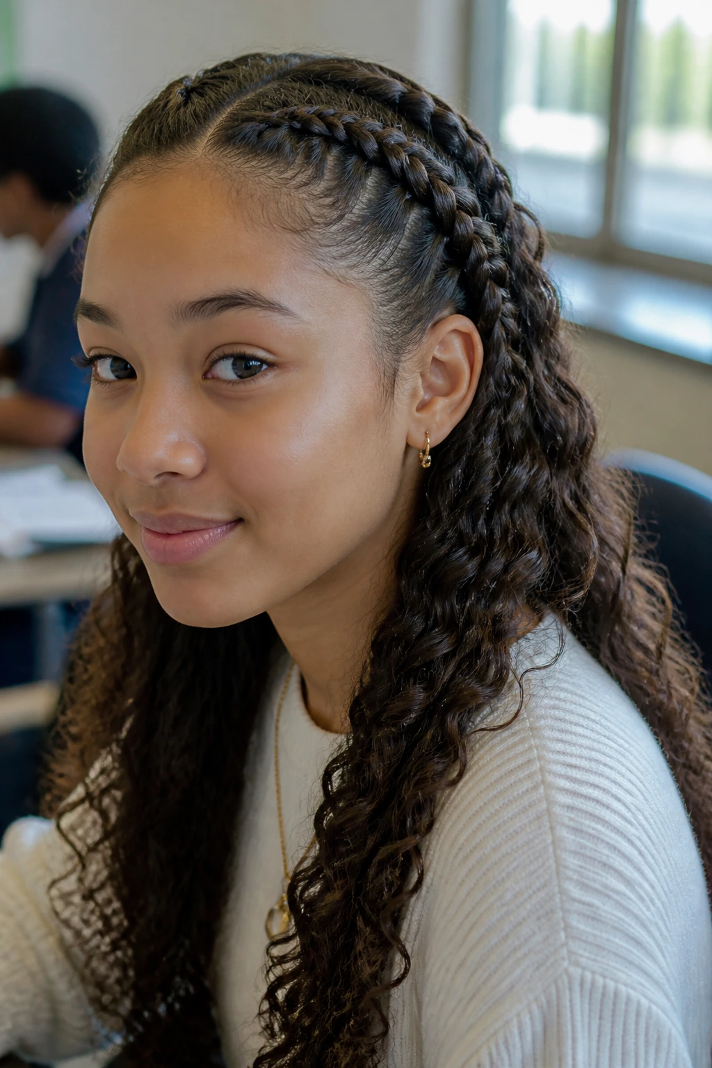 Close-up portrait of a real student with a side-swept Dutch braid in a classroom setting.
