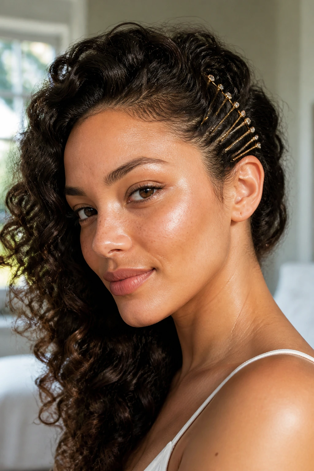 Close-up of a woman with a side-swept look pinned back with decorative pins