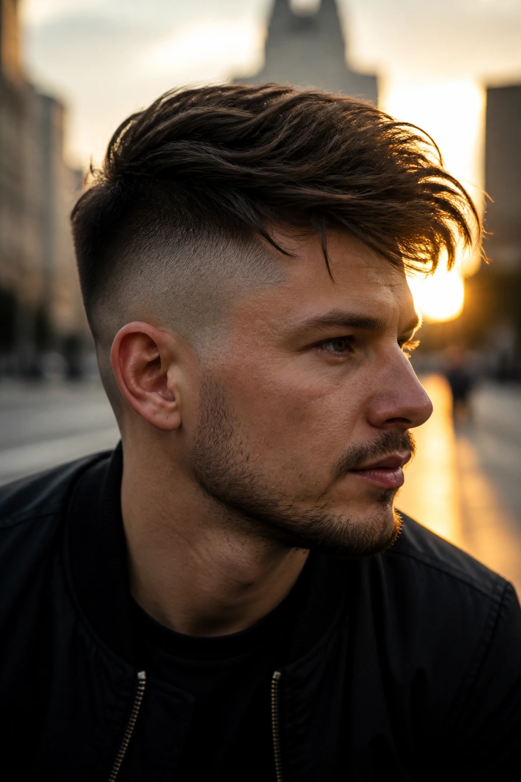 Close-up portrait of a man with a side-swept fohawk on a sunrise city street.
