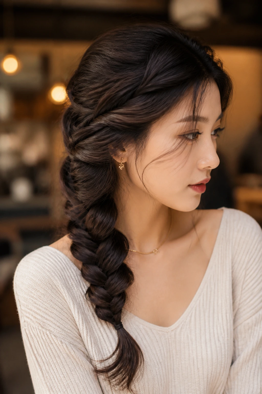 Close-up of a real person with a side-swept French braid for elegance on Asian hair.