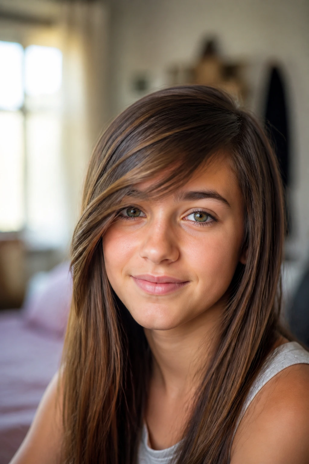 Close-up of a real teenage girl with a side-swept fringe in warm bedroom light