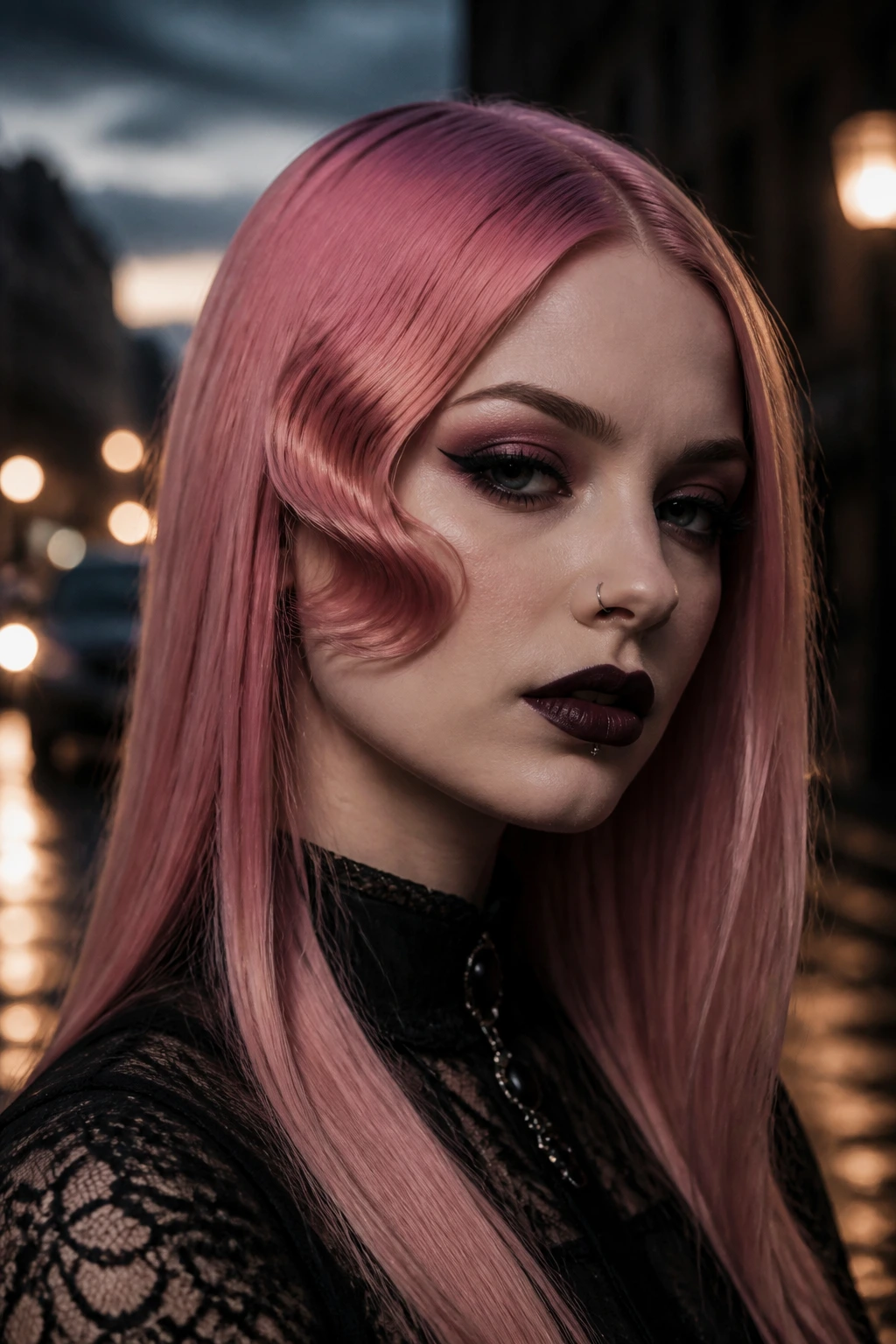 Portrait of a person with a deep side wave in pink hair in a noir city backdrop.