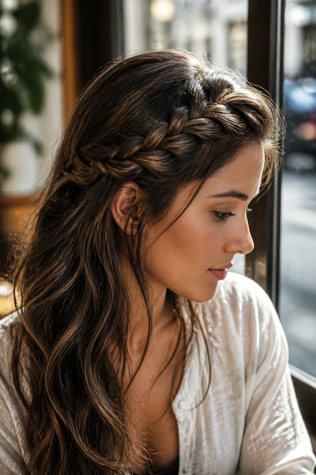 Side-profile of a real person with a side-swept inverted braid across the forehead.
