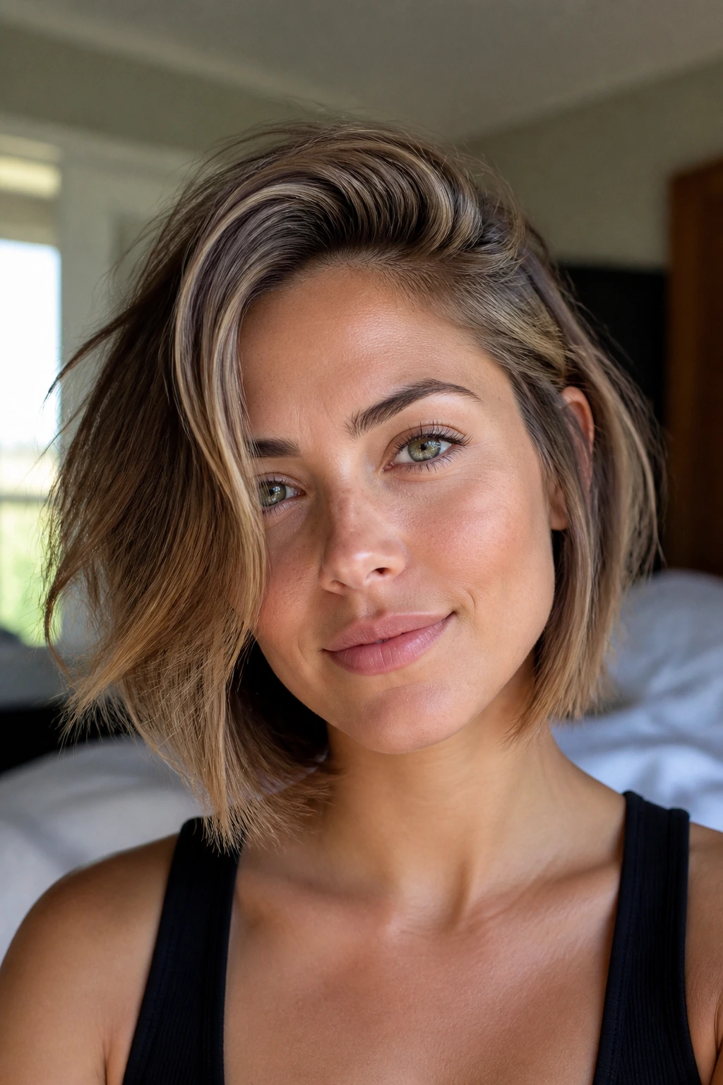 Close-up of a real woman with a side-swept layered bob.