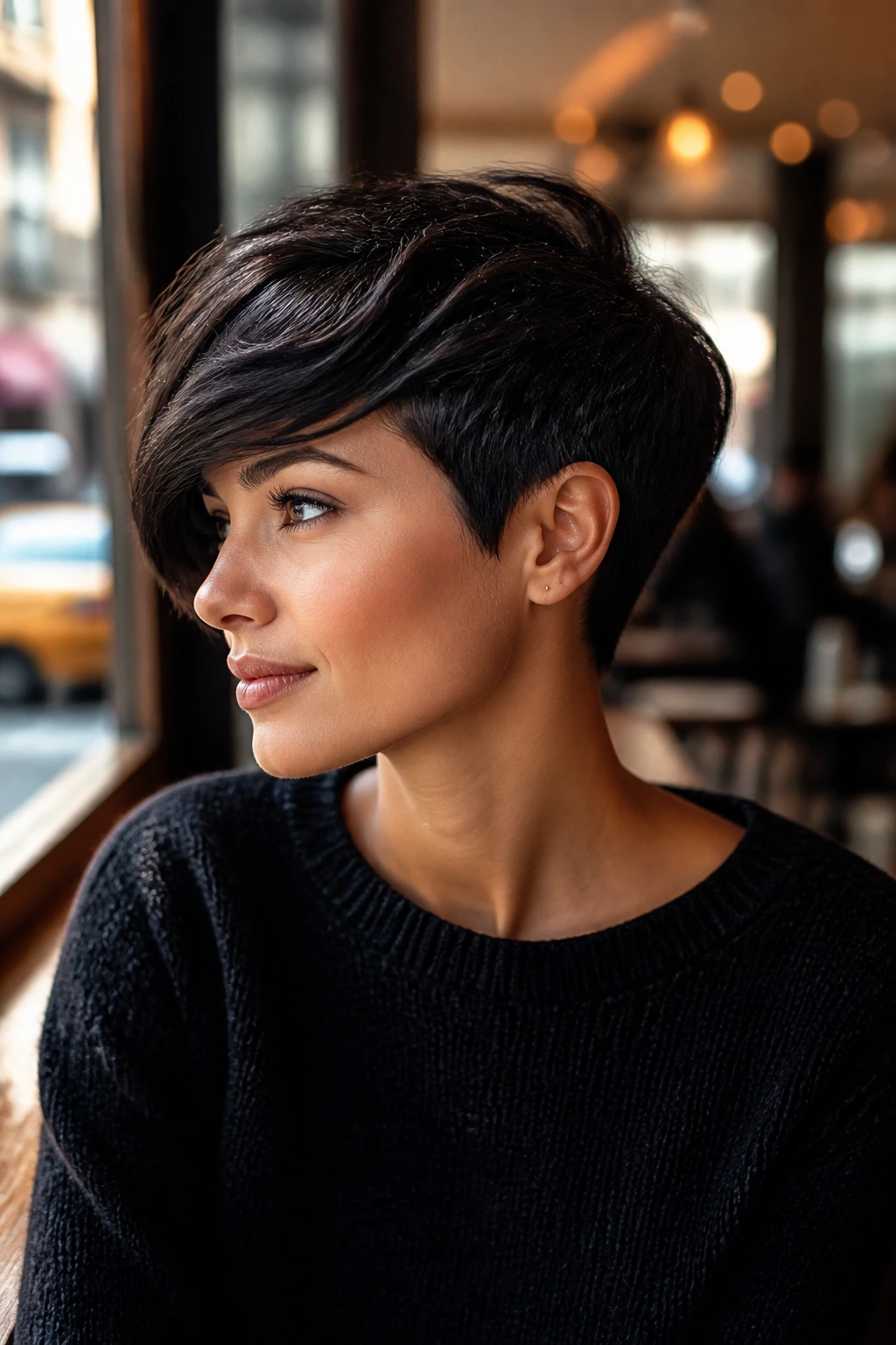 Side-profile of a real person with a side-swept pixie hairstyle.
