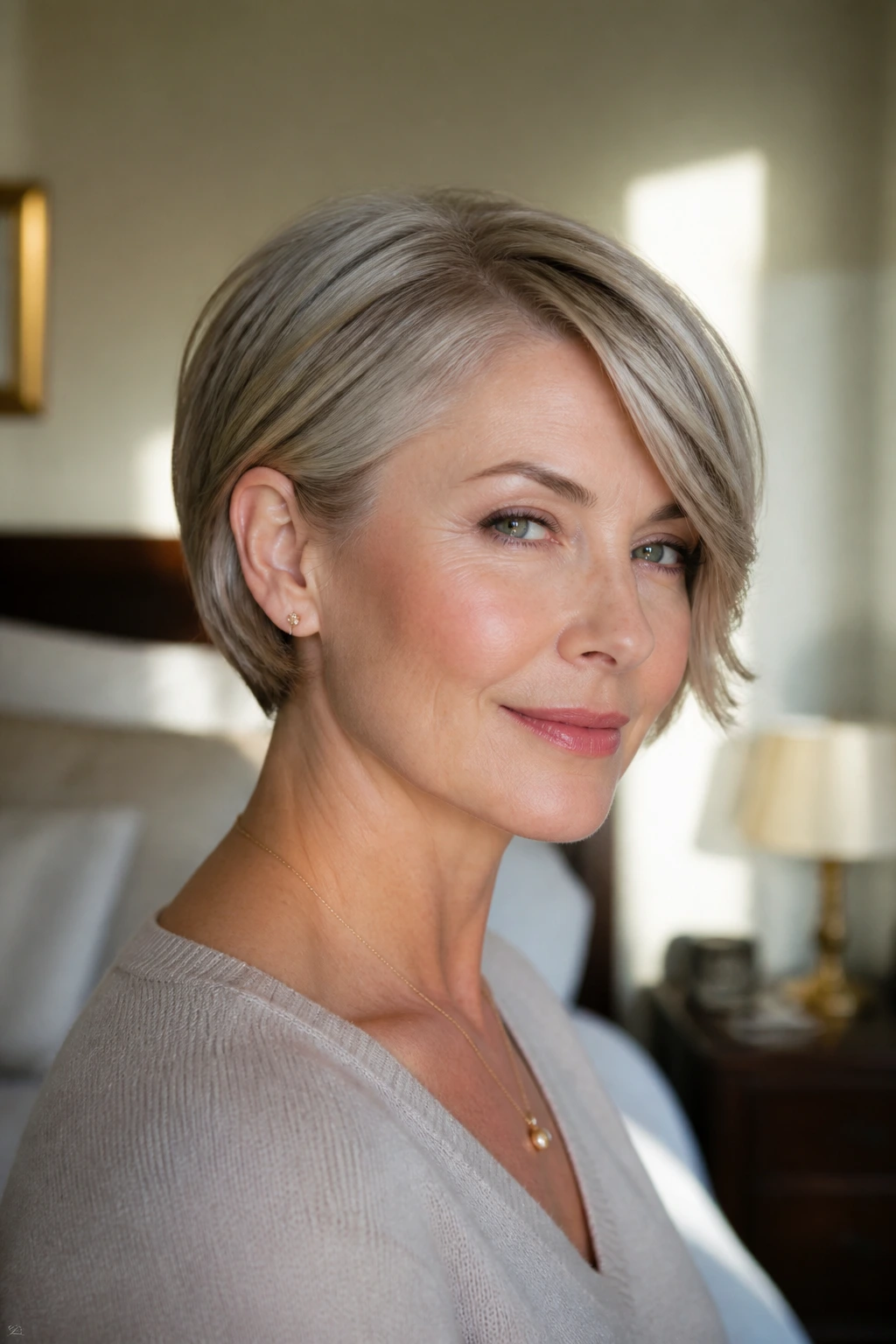 Close-up of a real woman with The Side-Swept Long Pixie hairstyle in warm window light