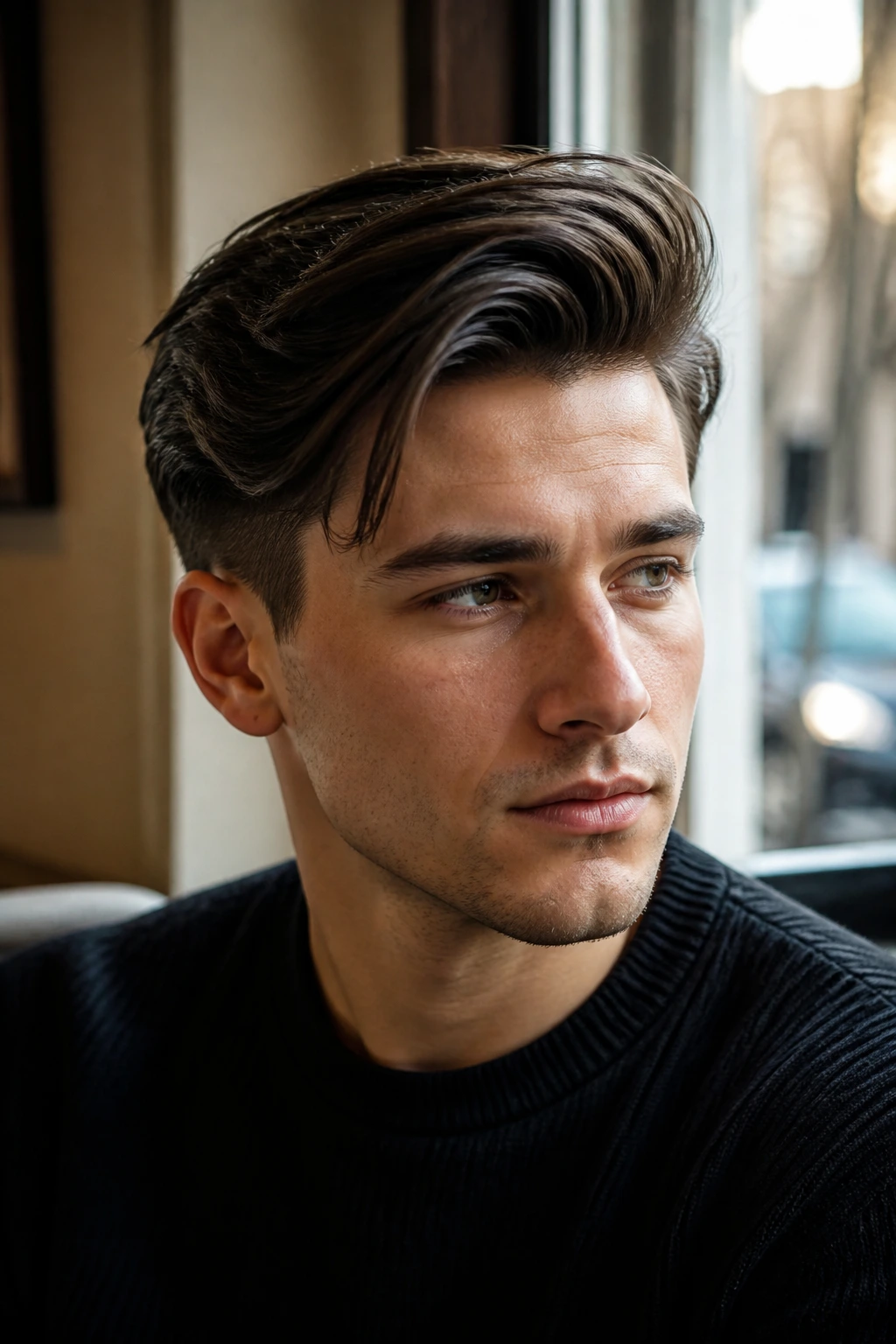 Portrait of a real person with side-swept pompadour in cafe window light