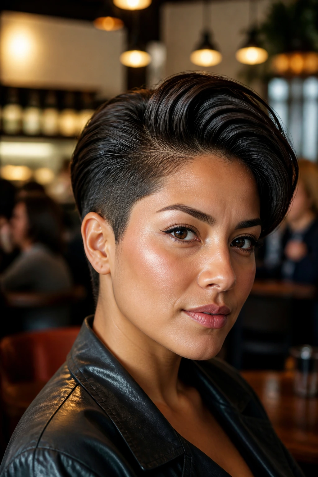Close-up portrait of a real person with a side-swept pomp quiff in a cafe