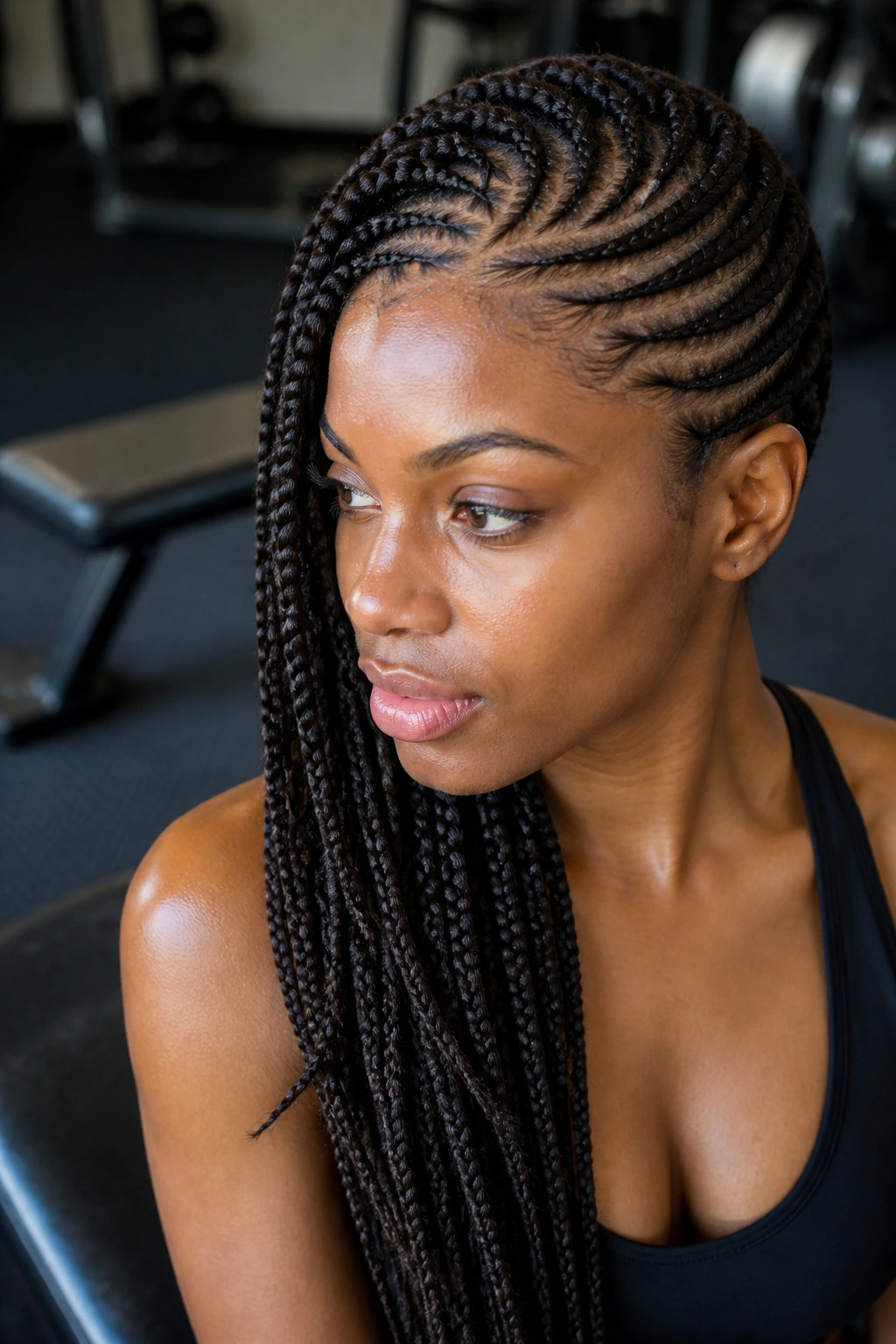 Close-up portrait of a real woman with side-swept goddess swirl cornrows