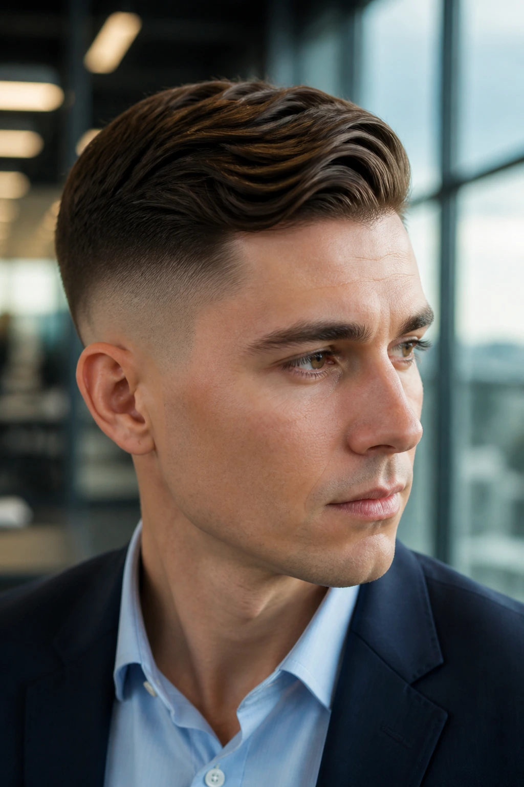 Close-up of man with side-swept textured high taper in an office setting