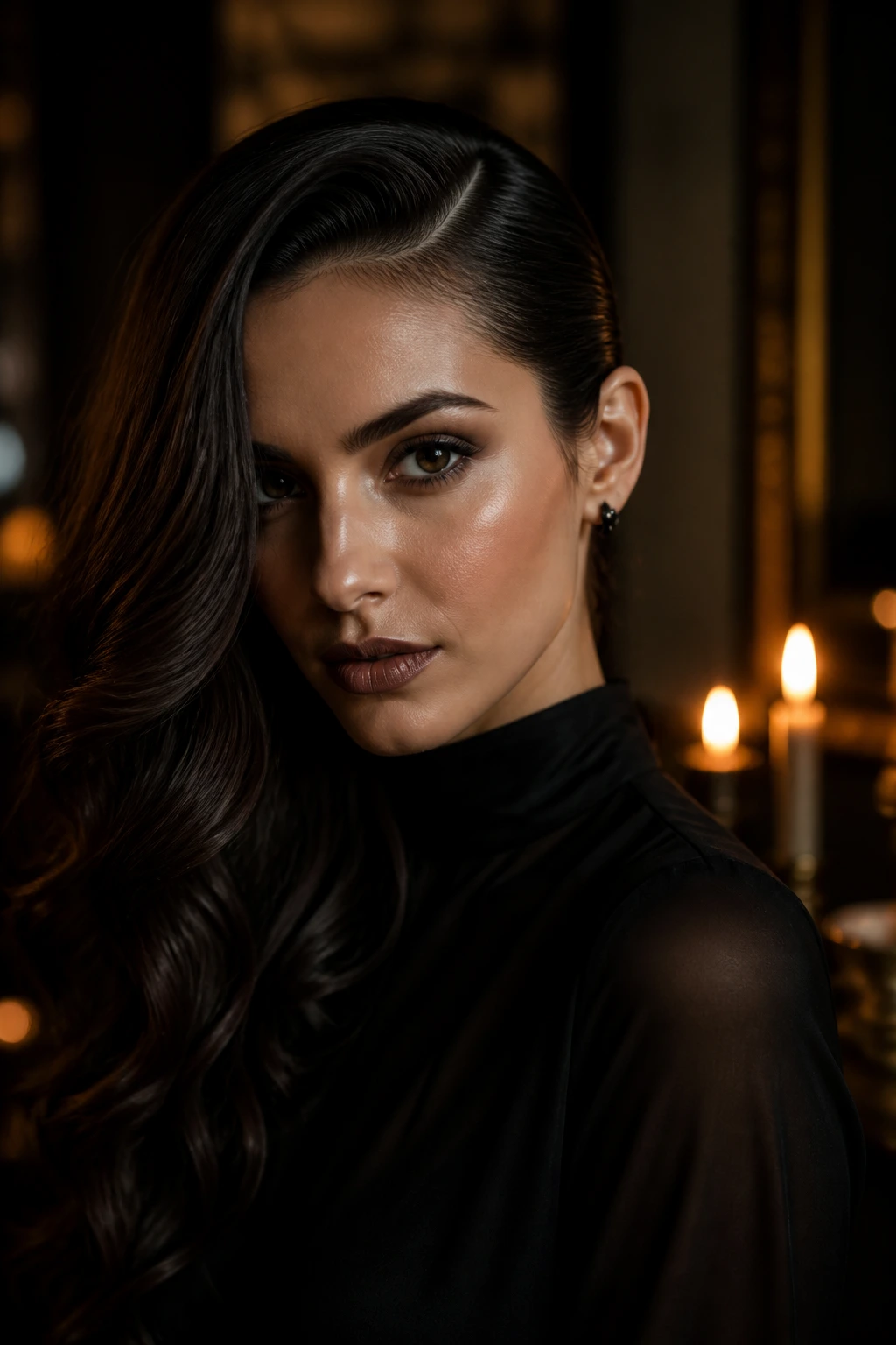 Portrait of a person with a deep side part, slicked-back tuck behind the ear and a heavy wave on the other side